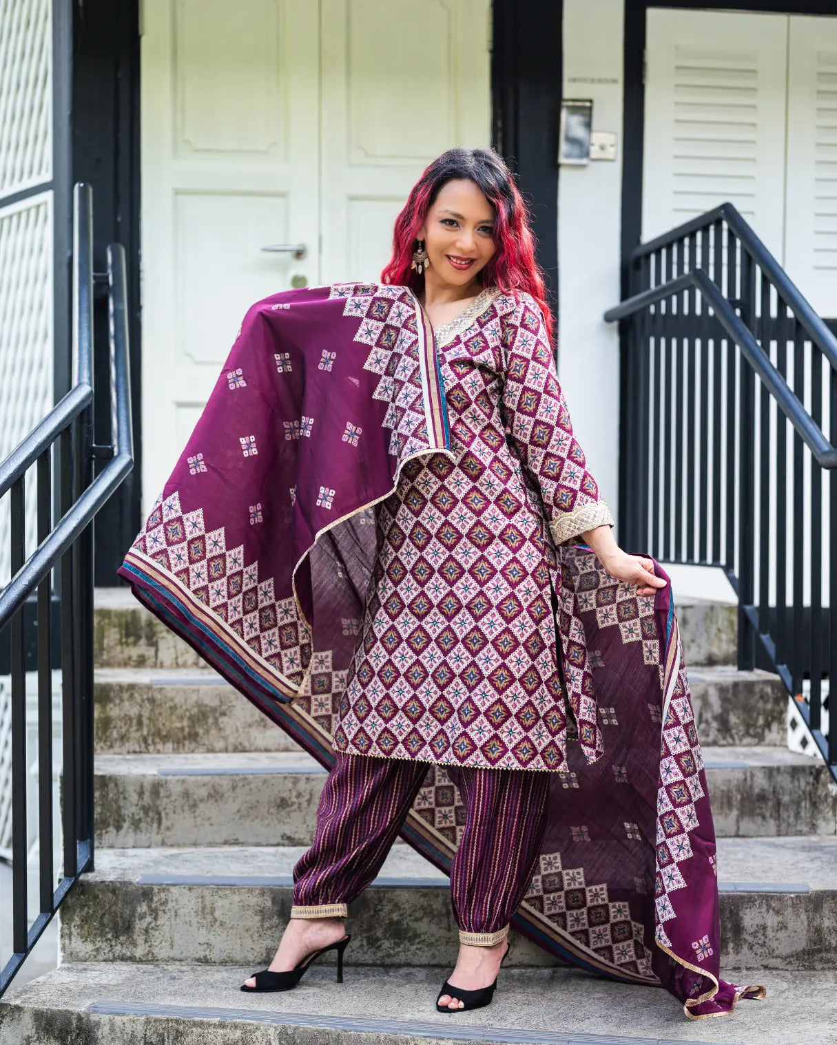 Tara Purple Women's Choga Style Kurti & Salwar Set in Muslin Cotton with Matching Dupatta Nimbu