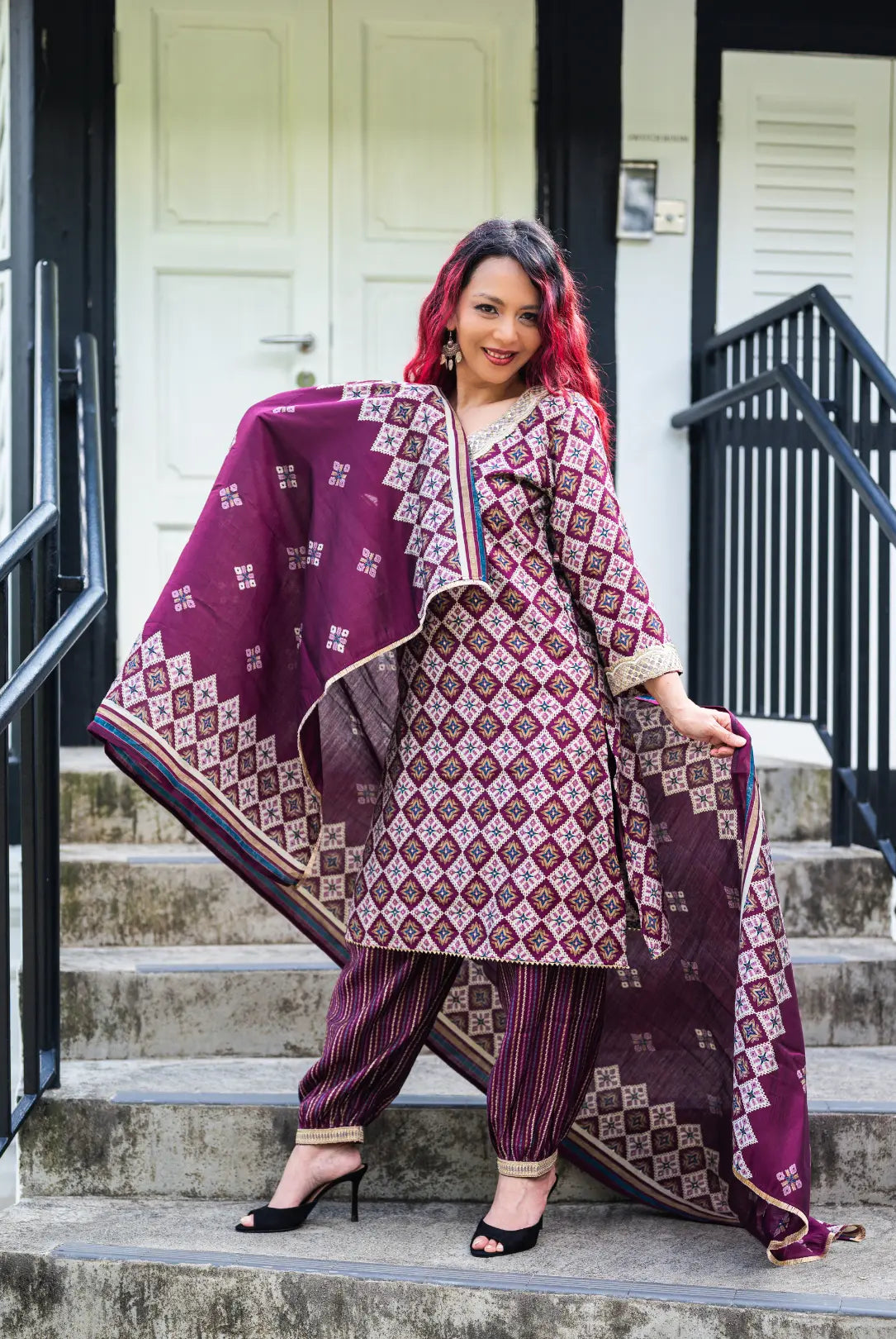 Tara Purple Women's Choga Style Kurti & Salwar Set in Muslin Cotton with Matching Dupatta Nimbu