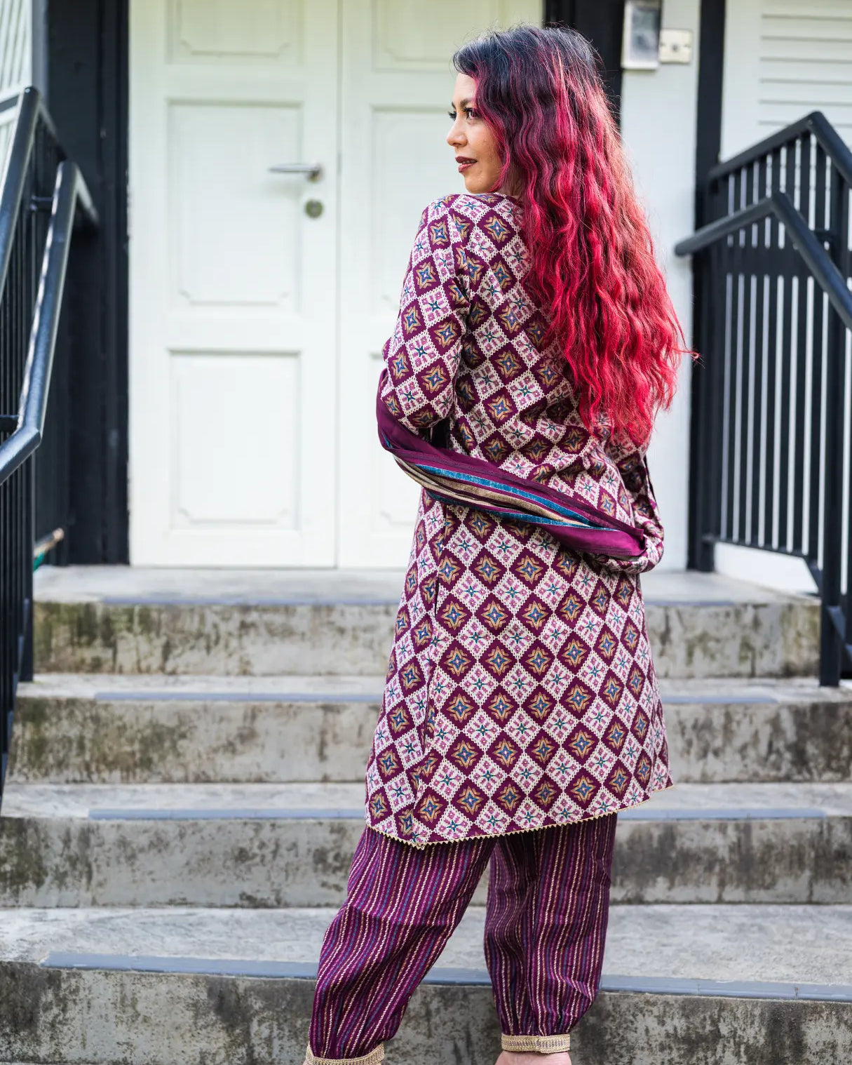 Tara Purple Women's Choga Style Kurti & Salwar Set in Muslin Cotton with Matching Dupatta Nimbu