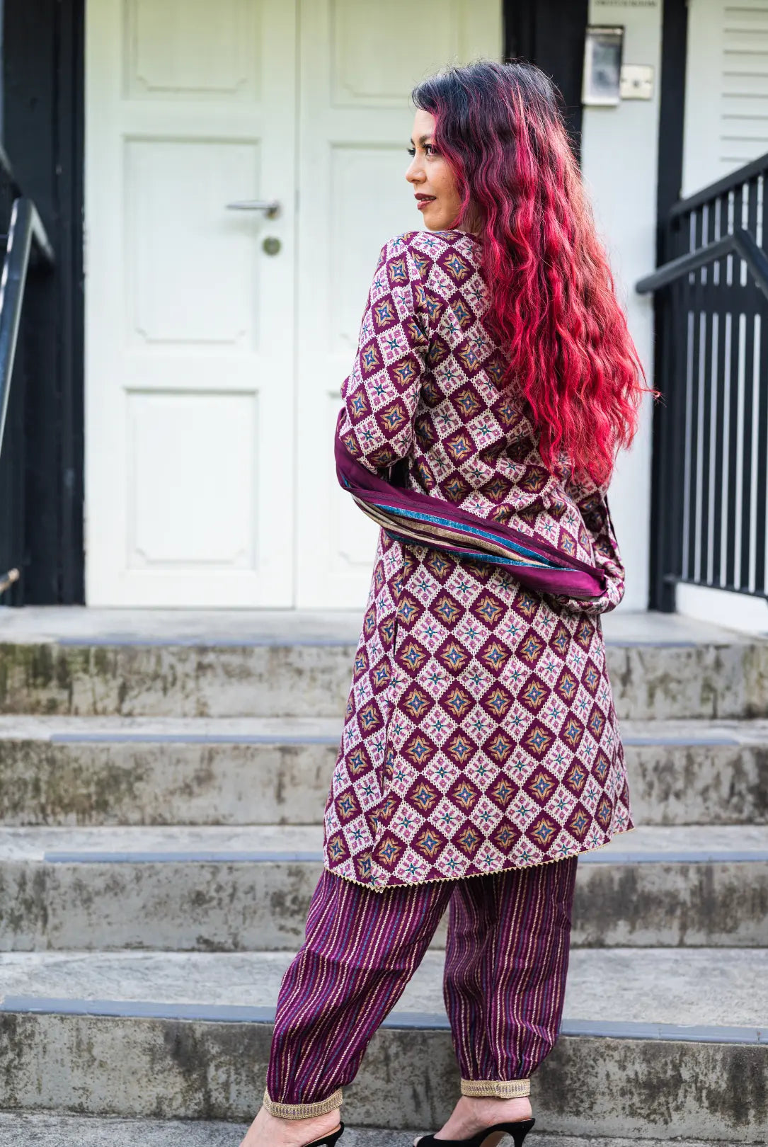 Tara Purple Women's Choga Style Kurti & Salwar Set in Muslin Cotton with Matching Dupatta Nimbu