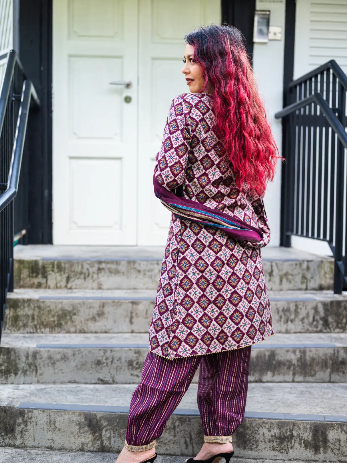 Tara Purple Women's Choga Style Kurti & Salwar Set in Muslin Cotton with Matching Dupatta Nimbu