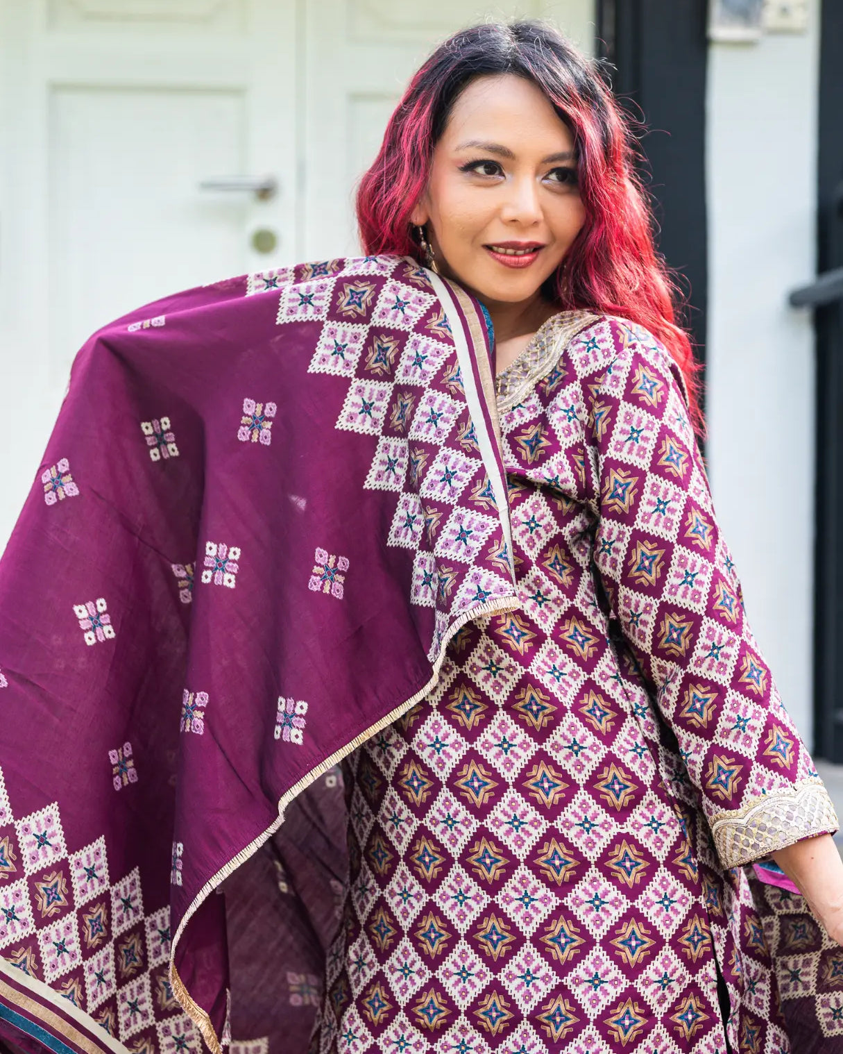 Tara Purple Women's Choga Style Kurti & Salwar Set in Muslin Cotton with Matching Dupatta Nimbu