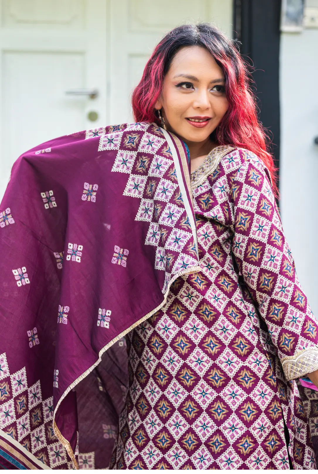 Tara Purple Women's Choga Style Kurti & Salwar Set in Muslin Cotton with Matching Dupatta Nimbu