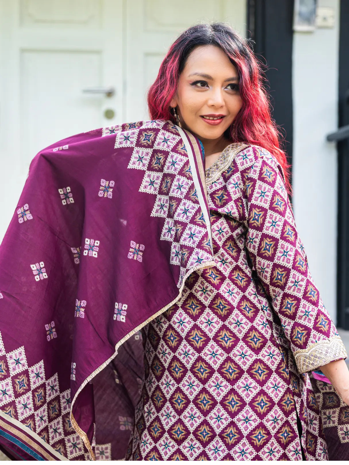 Tara Purple Women's Choga Style Kurti & Salwar Set in Muslin Cotton with Matching Dupatta Nimbu