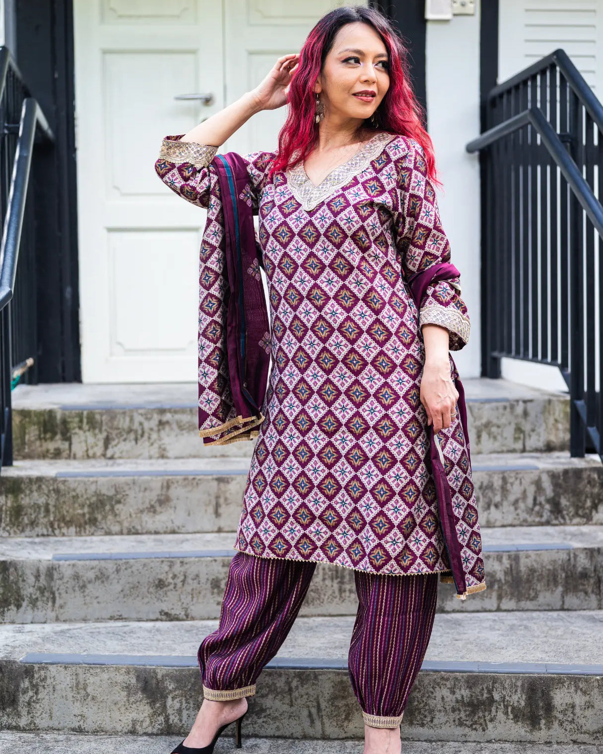 Tara Purple Women's Choga Style Kurti & Salwar Set in Muslin Cotton with Matching Dupatta Nimbu