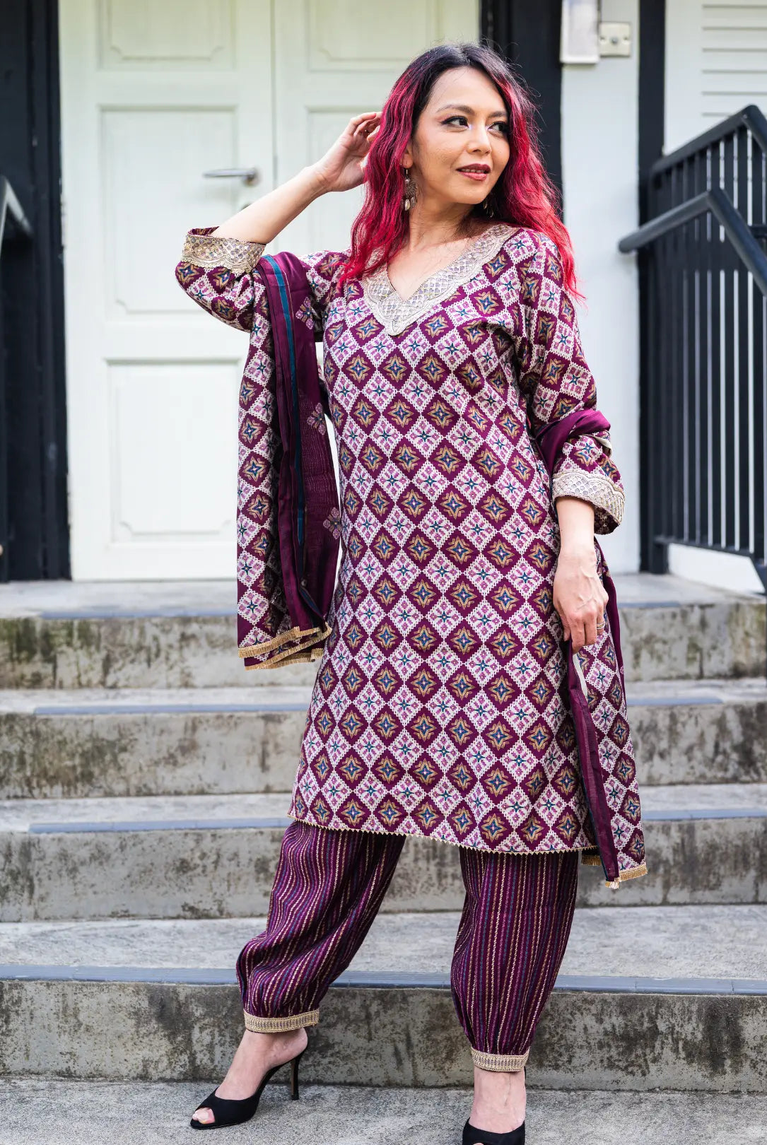 Tara Purple Women's Choga Style Kurti & Salwar Set in Muslin Cotton with Matching Dupatta Nimbu