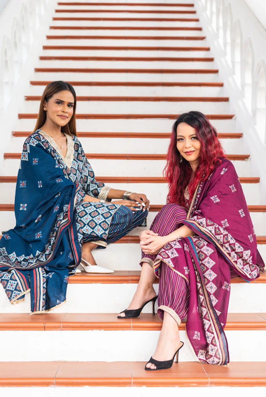 Tara Blue Women's Choga Style Kurti & Salwar Set in Muslin Cotton with Matching Dupatta Nimbu