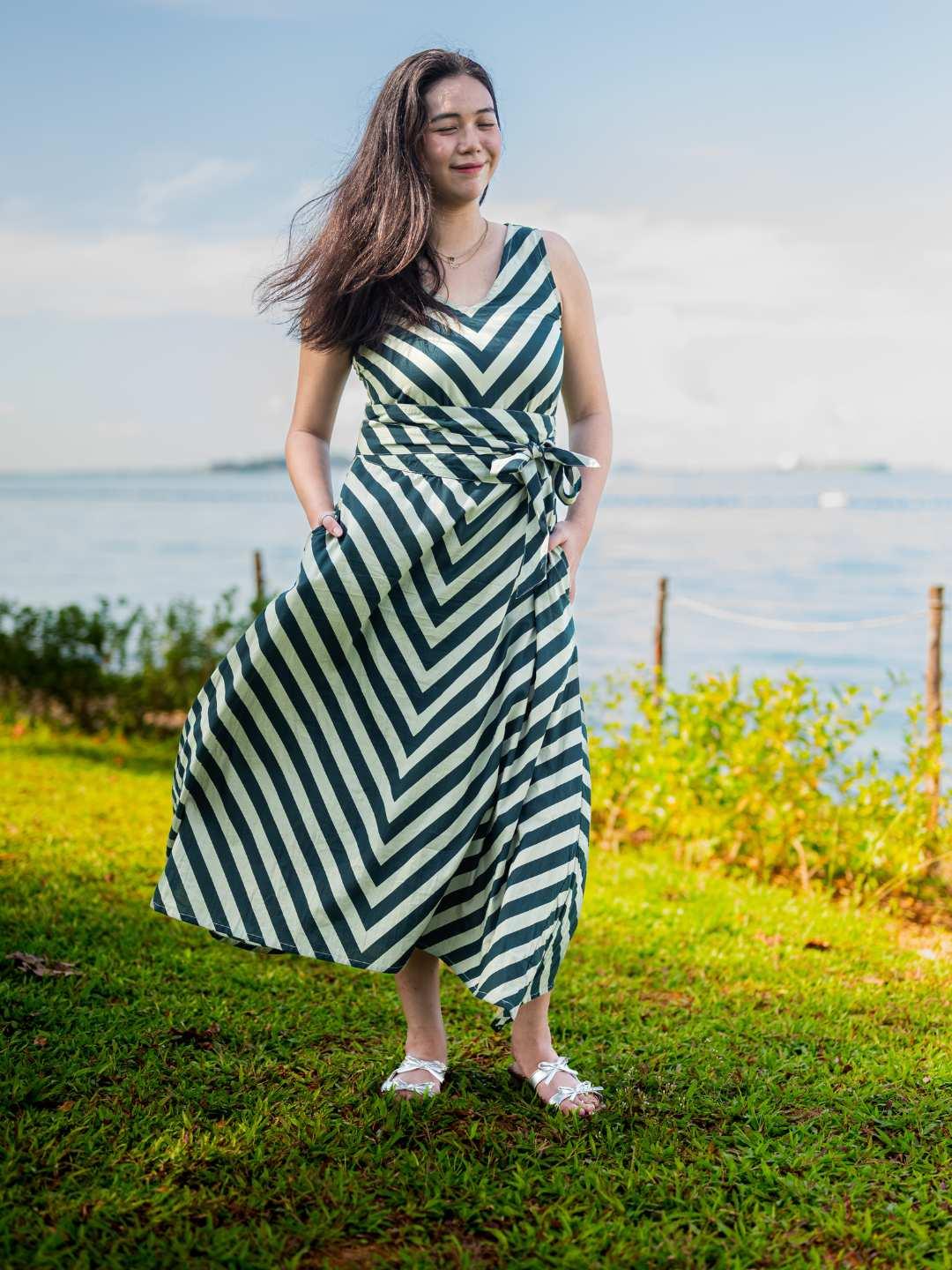 Green and white striped sustainable cotton dress with obi belt, sleeveless casual women’s midi dress.