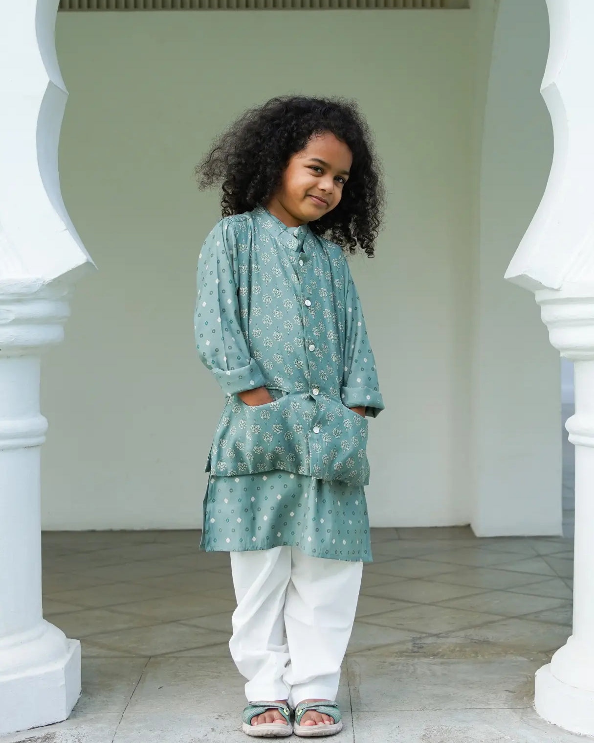 Vir Sage Green Boys Kurta Pajama Jacket in Muslin Cotton Nimbu