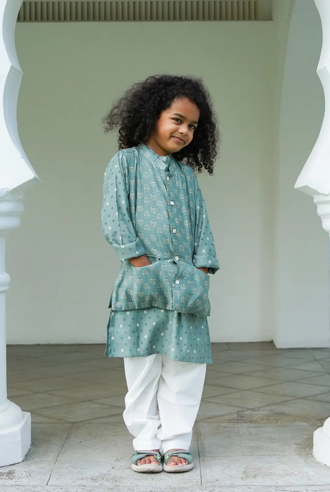 Vir Sage Green Boys Kurta Pajama Jacket in Muslin Cotton Nimbu