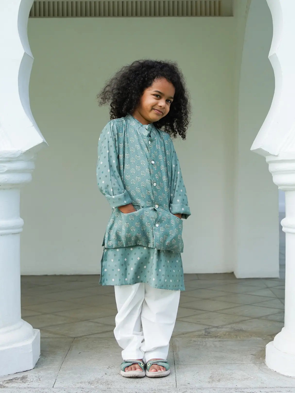 Vir Sage Green Boys Kurta Pajama Jacket in Muslin Cotton Nimbu