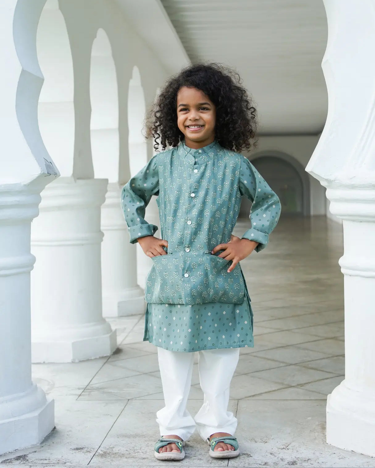 Vir Sage Green Boys Kurta Pajama Jacket in Muslin Cotton Nimbu