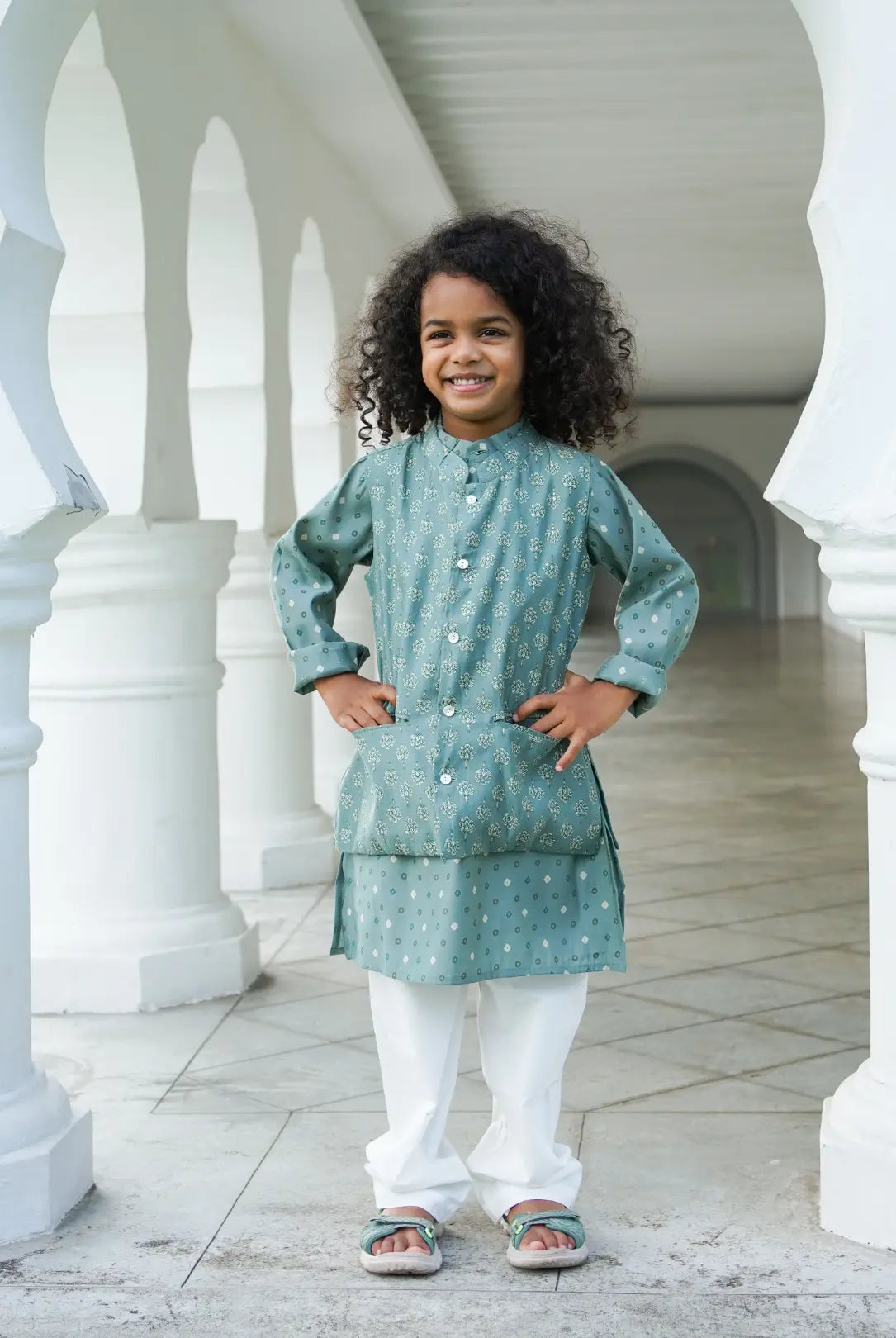 Vir Sage Green Boys Kurta Pajama Jacket in Muslin Cotton Nimbu