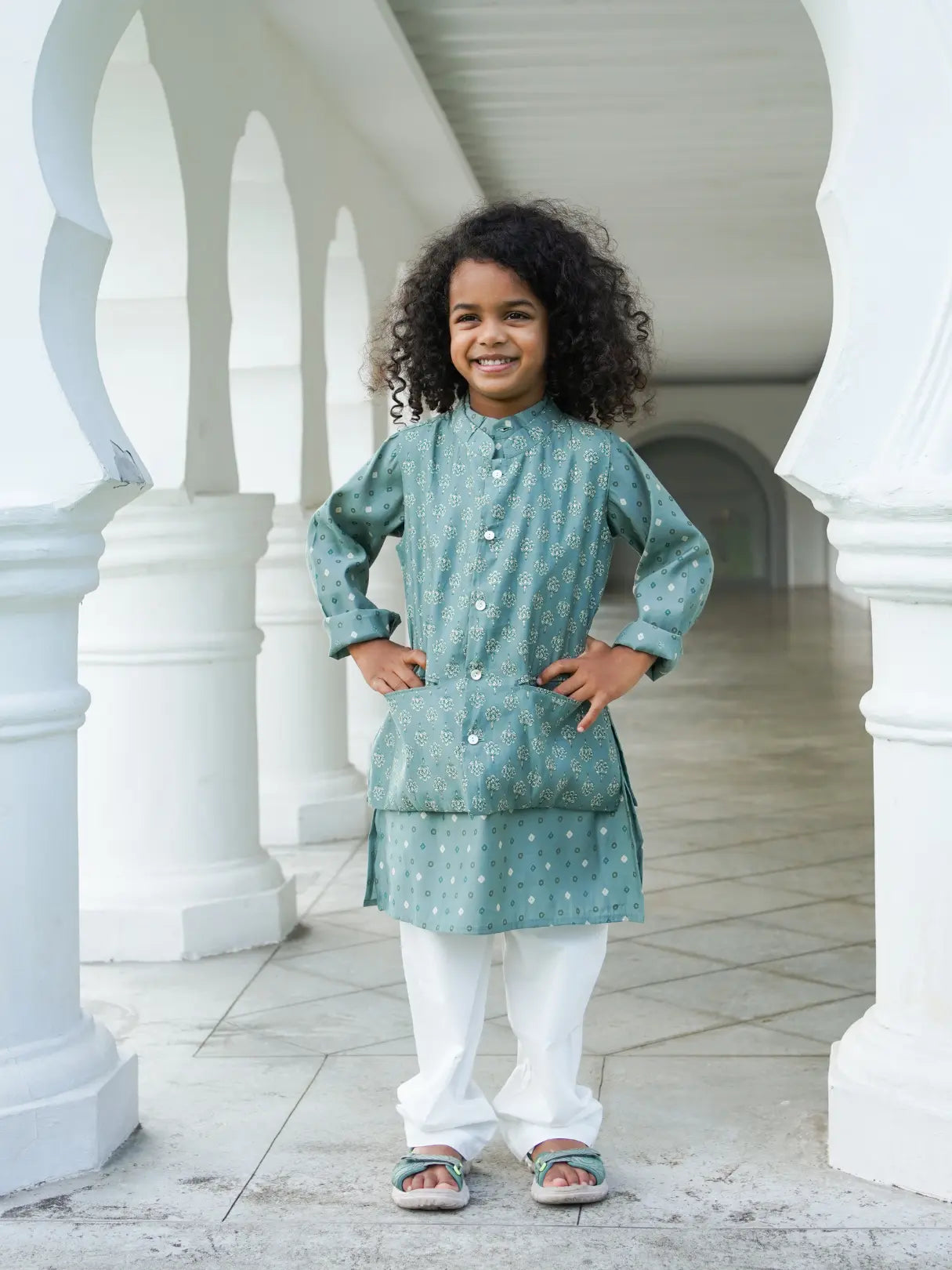 Vir Sage Green Boys Kurta Pajama Jacket in Muslin Cotton Nimbu