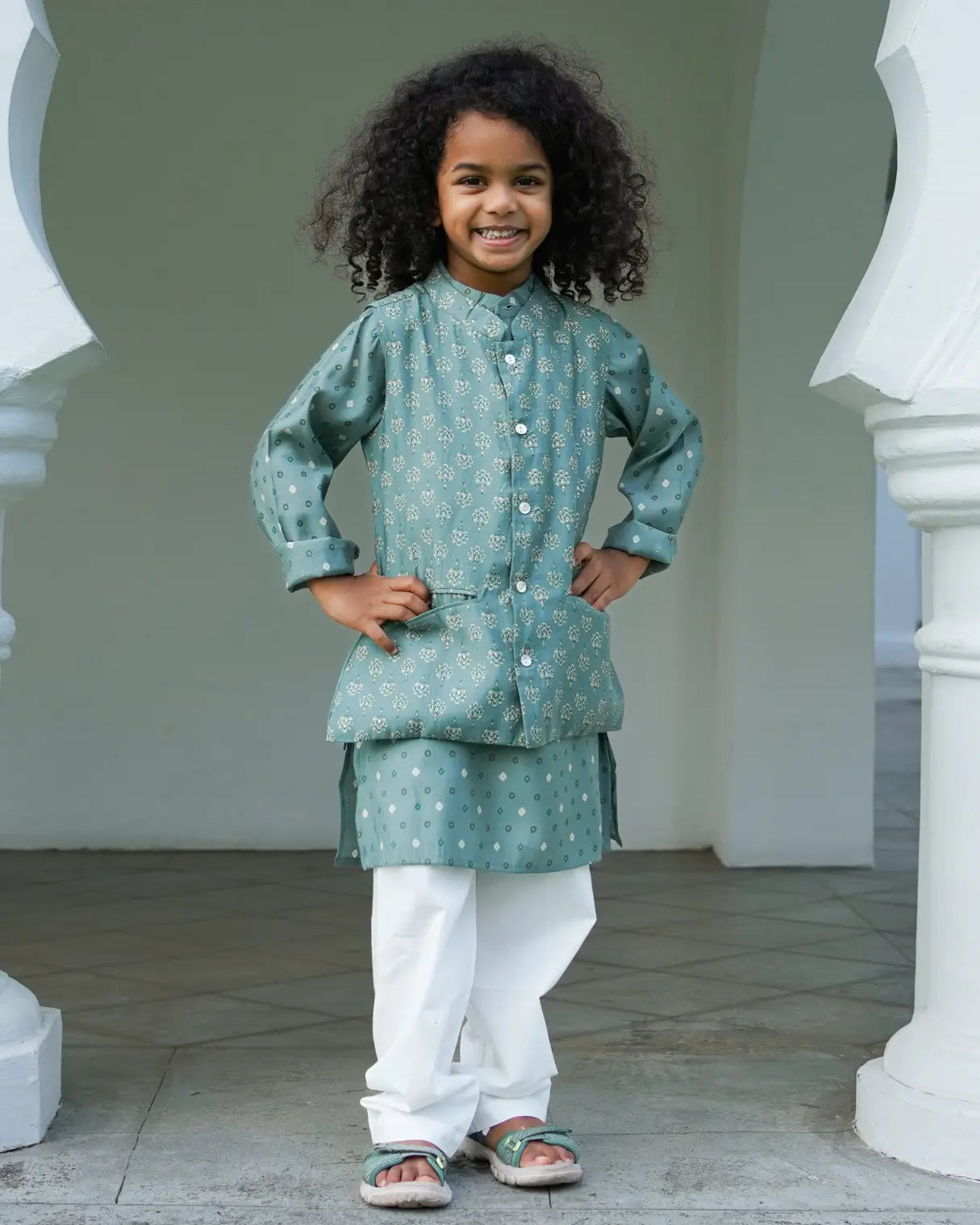 Vir Sage Green Boys Kurta Pajama Jacket in Muslin Cotton Nimbu
