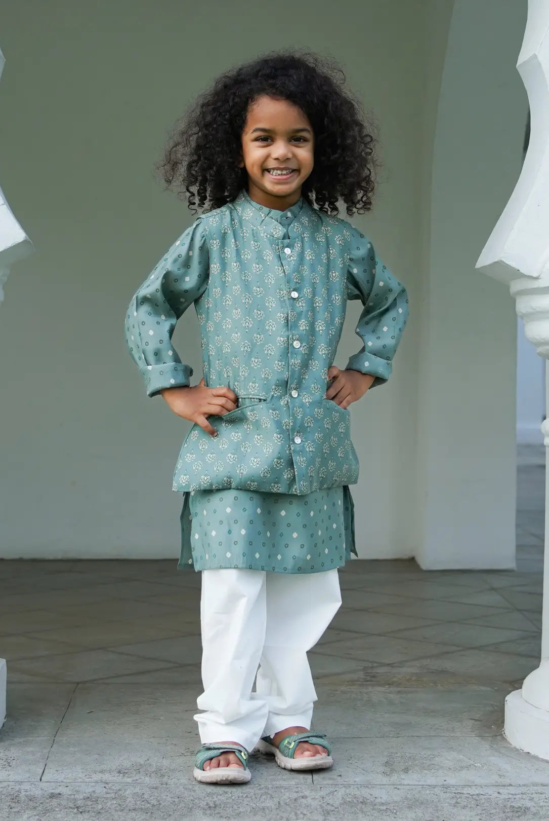 Vir Sage Green Boys Kurta Pajama Jacket in Muslin Cotton Nimbu