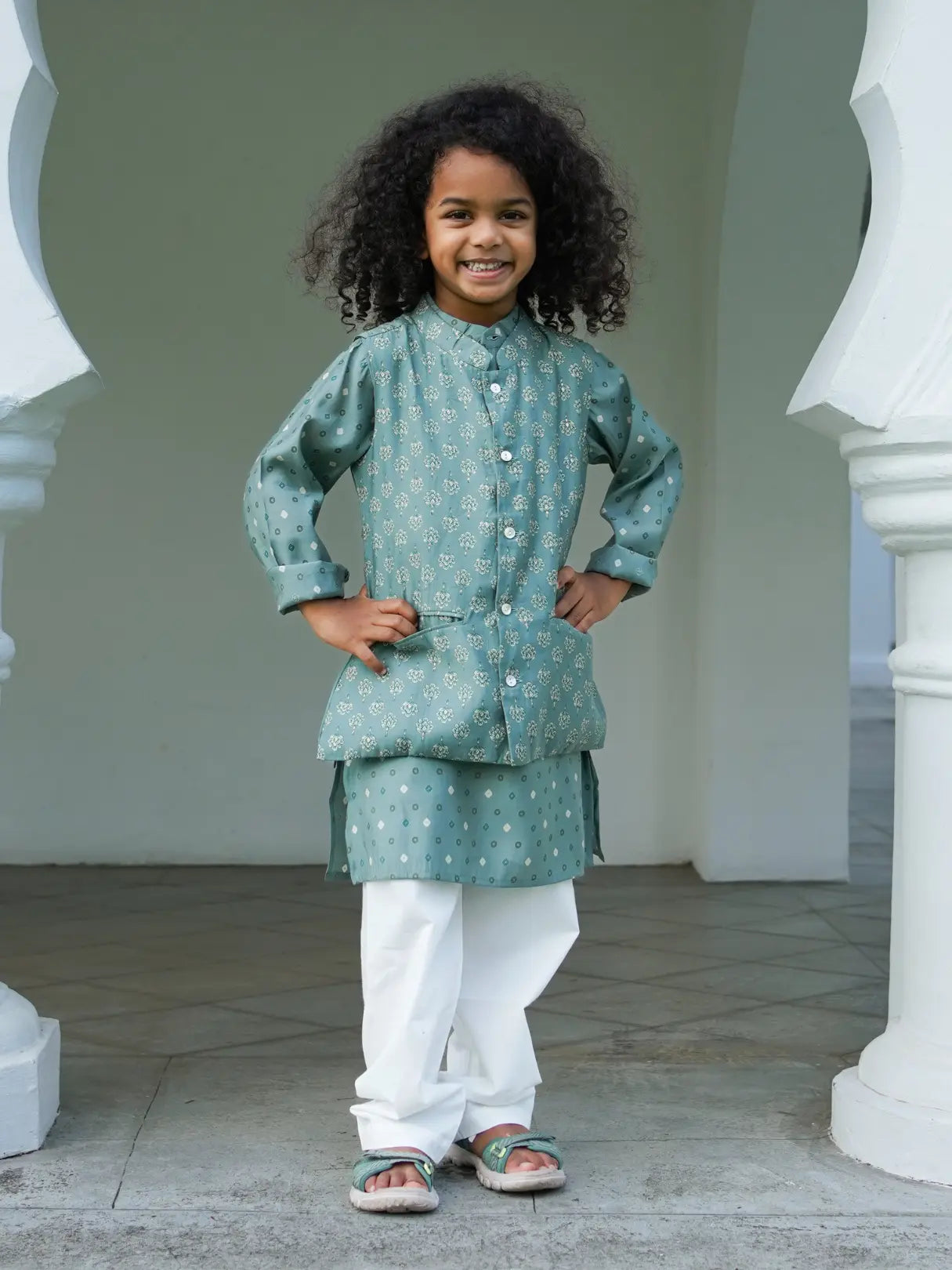 Vir Sage Green Boys Kurta Pajama Jacket in Muslin Cotton Nimbu