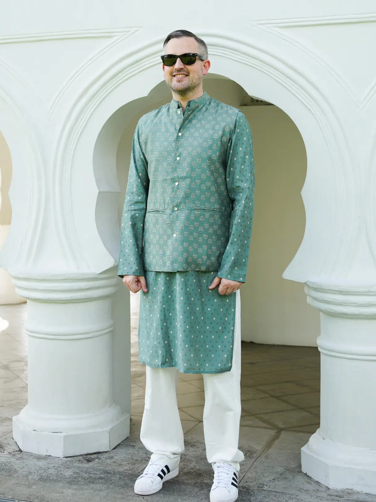 Vir Sage Green Men's Kurta Pajama Jacket Set in Muslin Cotton Nimbu