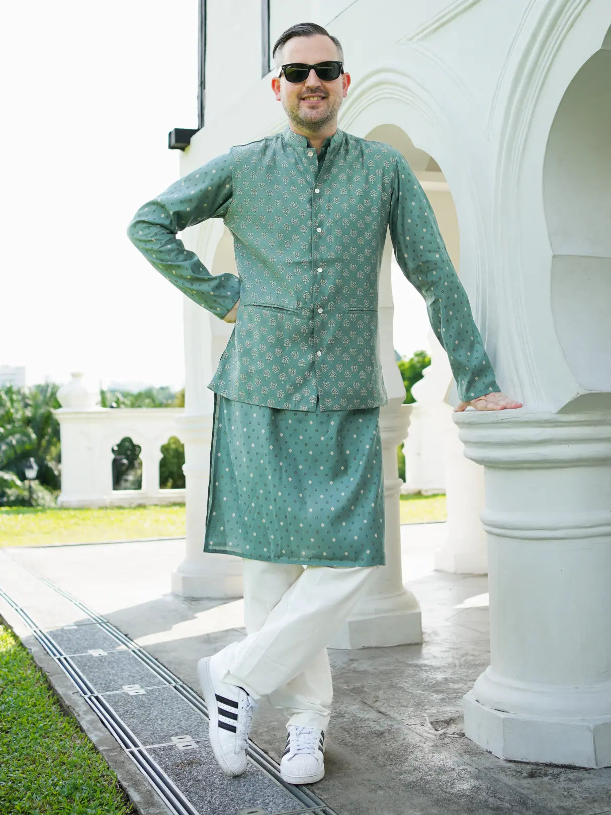 Vir Sage Green Men's Kurta Pajama Jacket Set in Muslin Cotton Nimbu