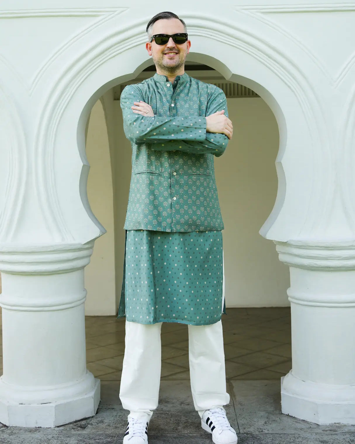 Vir Sage Green Men's Kurta Pajama Jacket Set in Muslin Cotton Nimbu