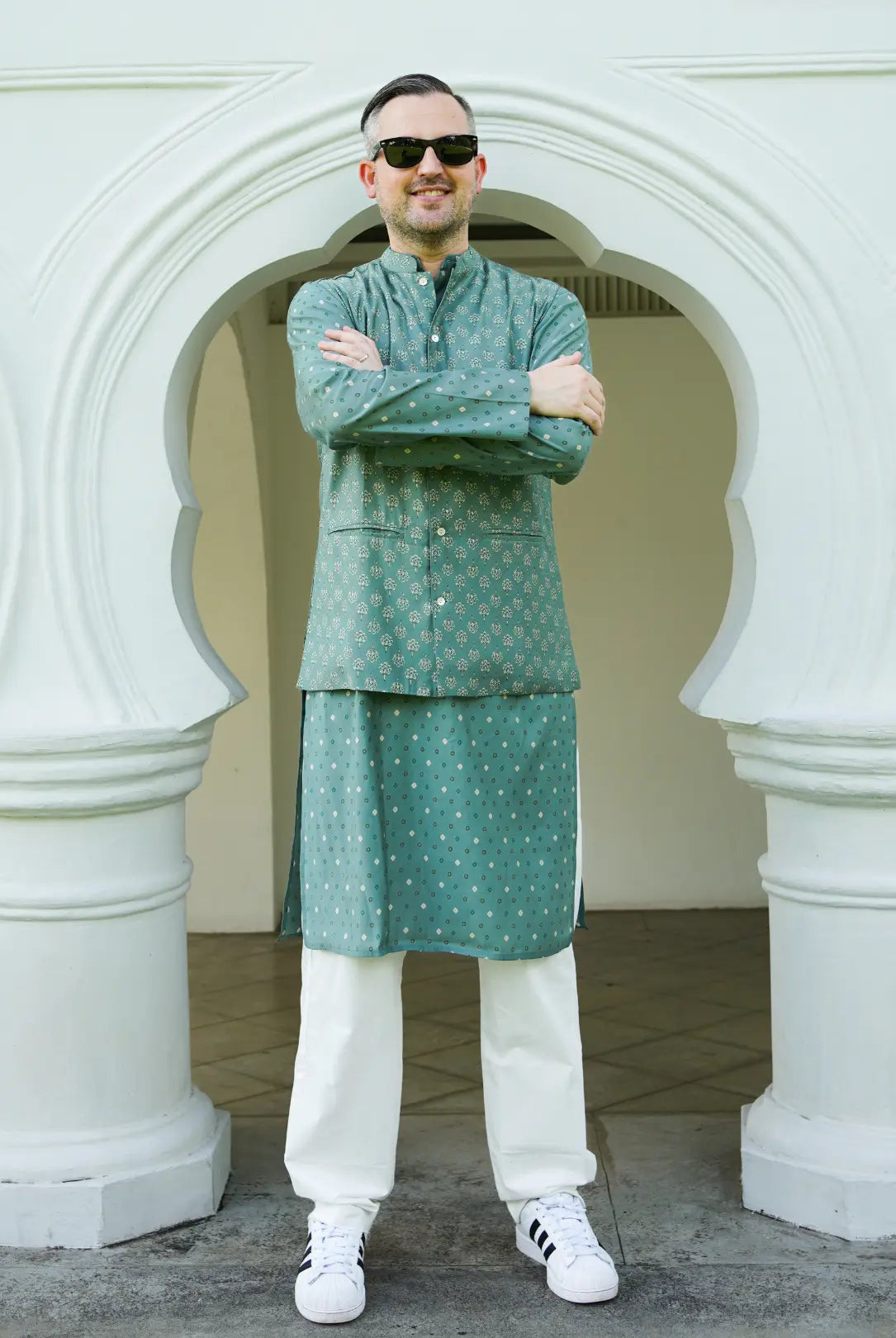 Vir Sage Green Men's Kurta Pajama Jacket Set in Muslin Cotton Nimbu