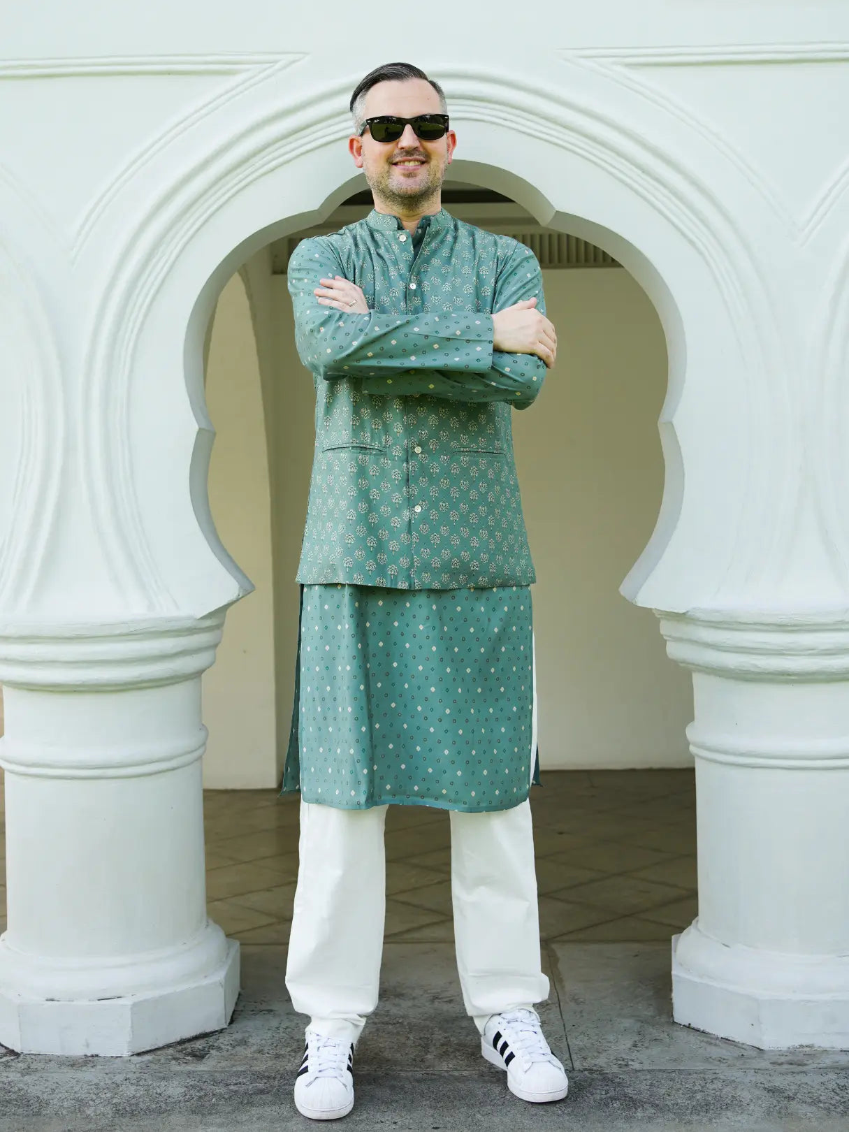 Vir Sage Green Men's Kurta Pajama Jacket Set in Muslin Cotton Nimbu