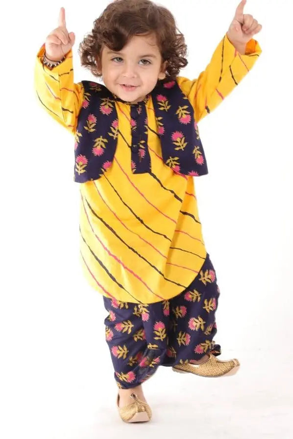 Punjabi Kurta Dhoti Set in Black & Yellow Kid1