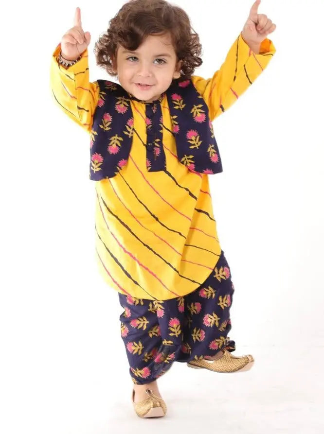 Punjabi Kurta Dhoti Set in Black & Yellow Kid1