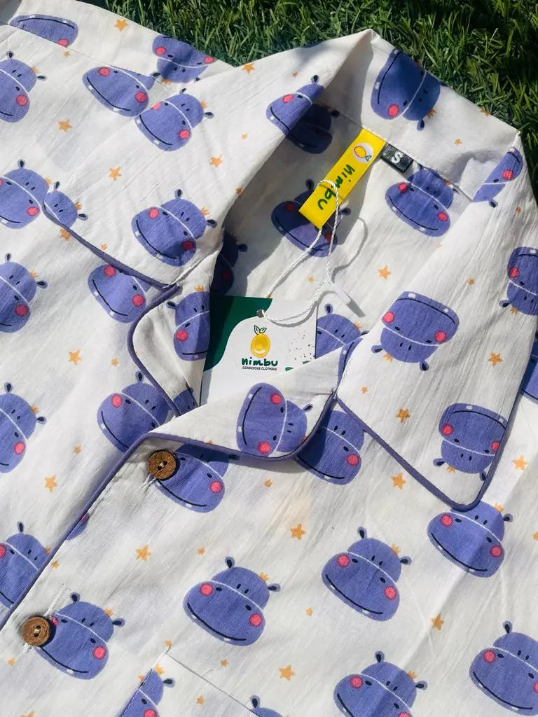 Happy Hippo Cotton PJ Set for Kids Nimbu Kids