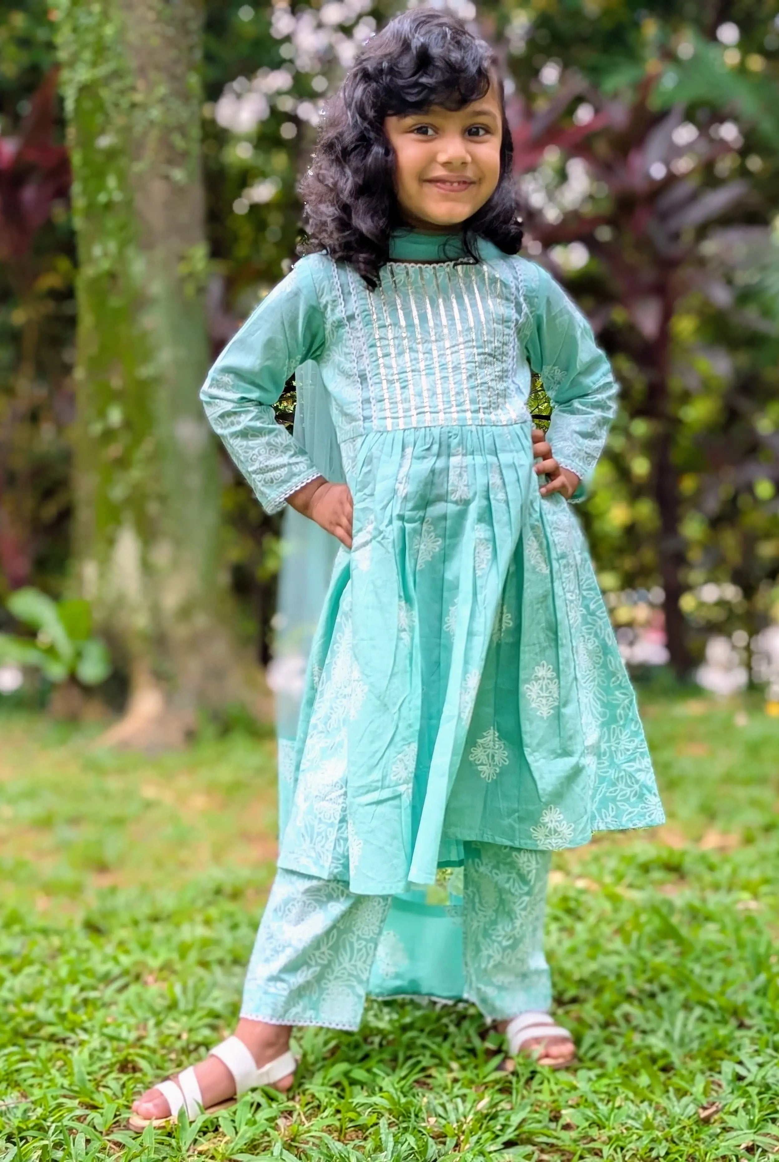 Zara Anarkali Kurti in Mint Green & White Shimmer Khari Print with Soft Cotton Leggings Nimbu