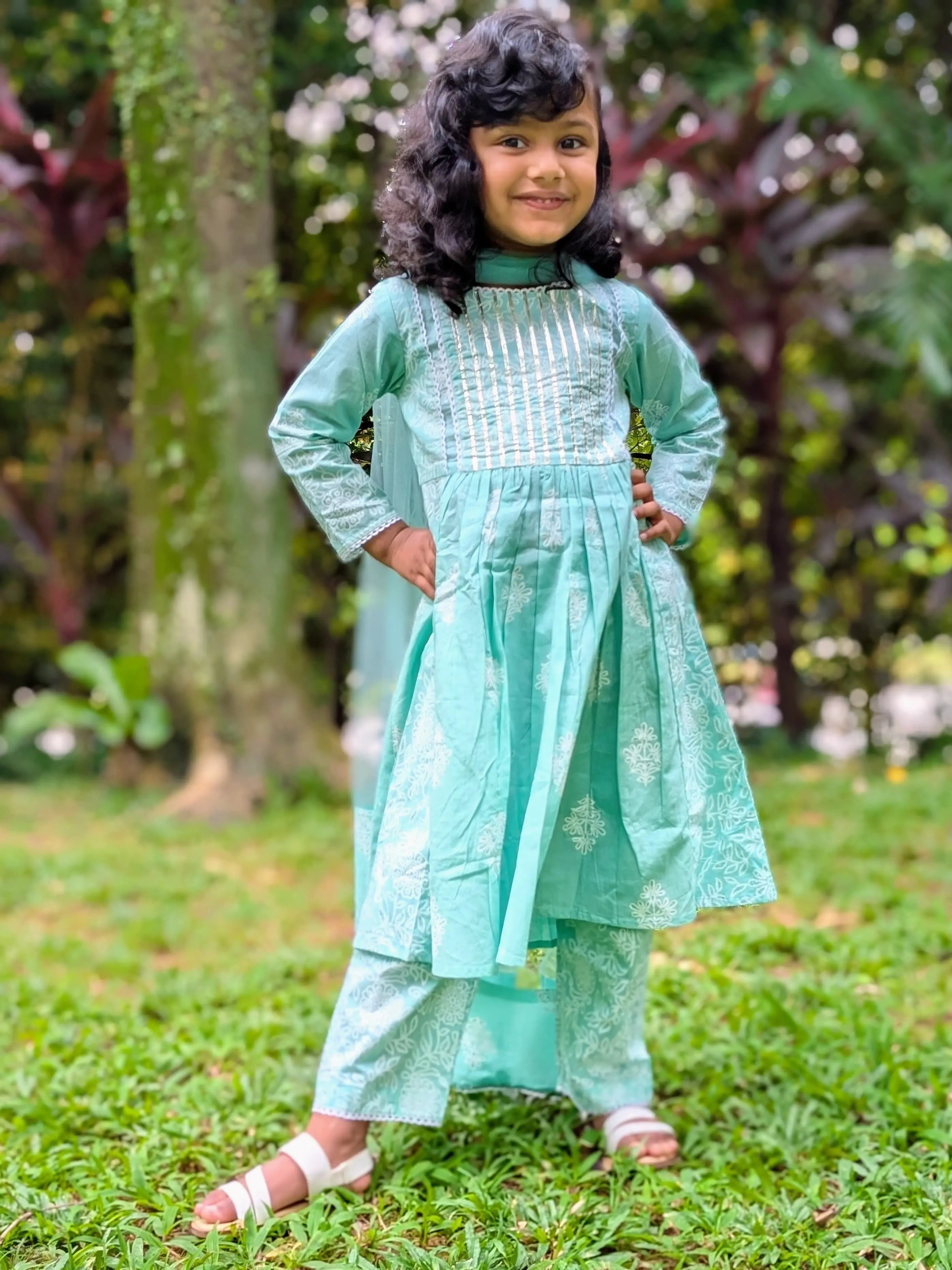Zara Anarkali Kurti in Mint Green & White Shimmer Khari Print with Soft Cotton Leggings Nimbu