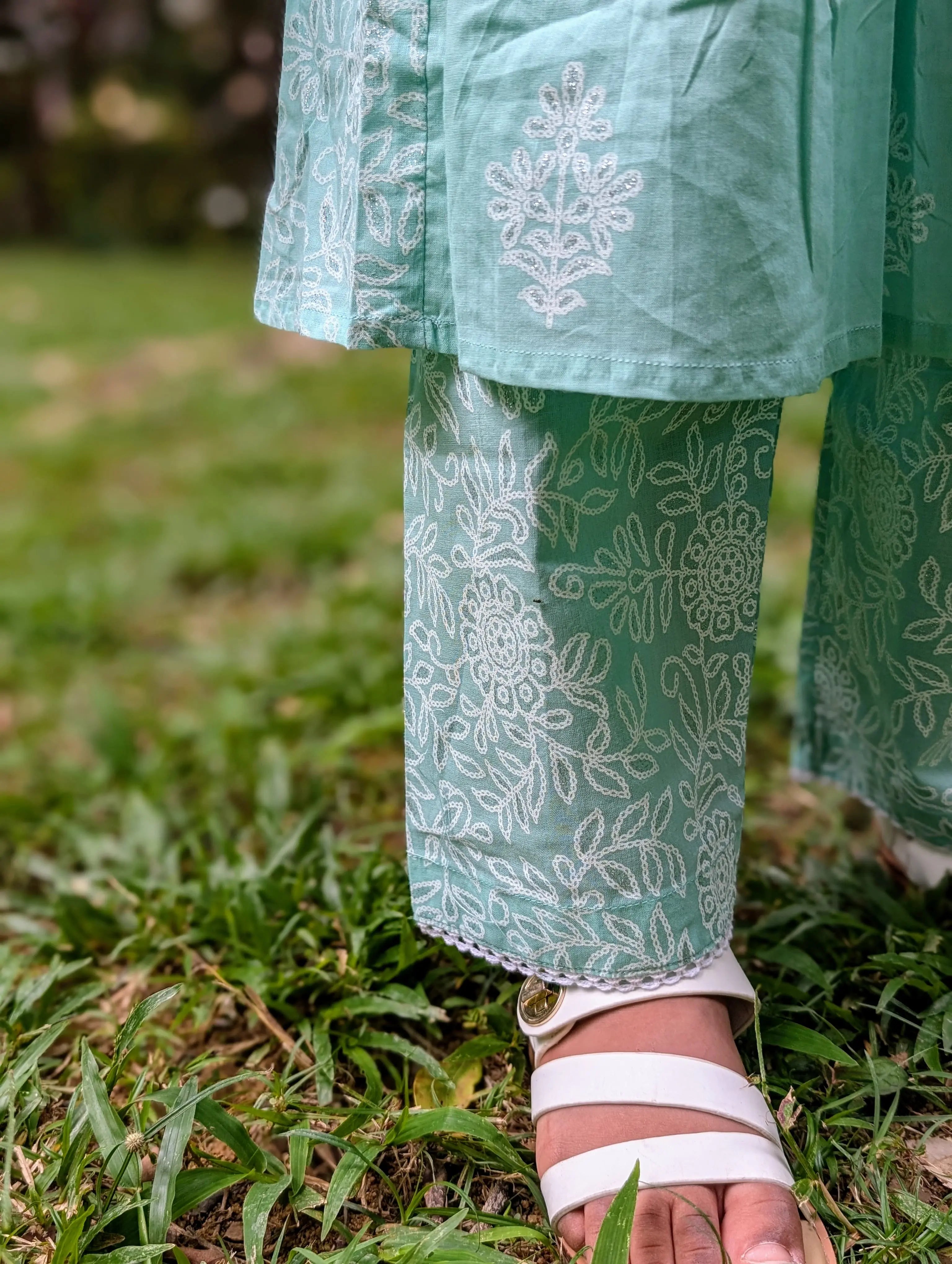 Zara Anarkali Kurti in Mint Green & White Shimmer Khari Print with Soft Cotton Leggings Nimbu