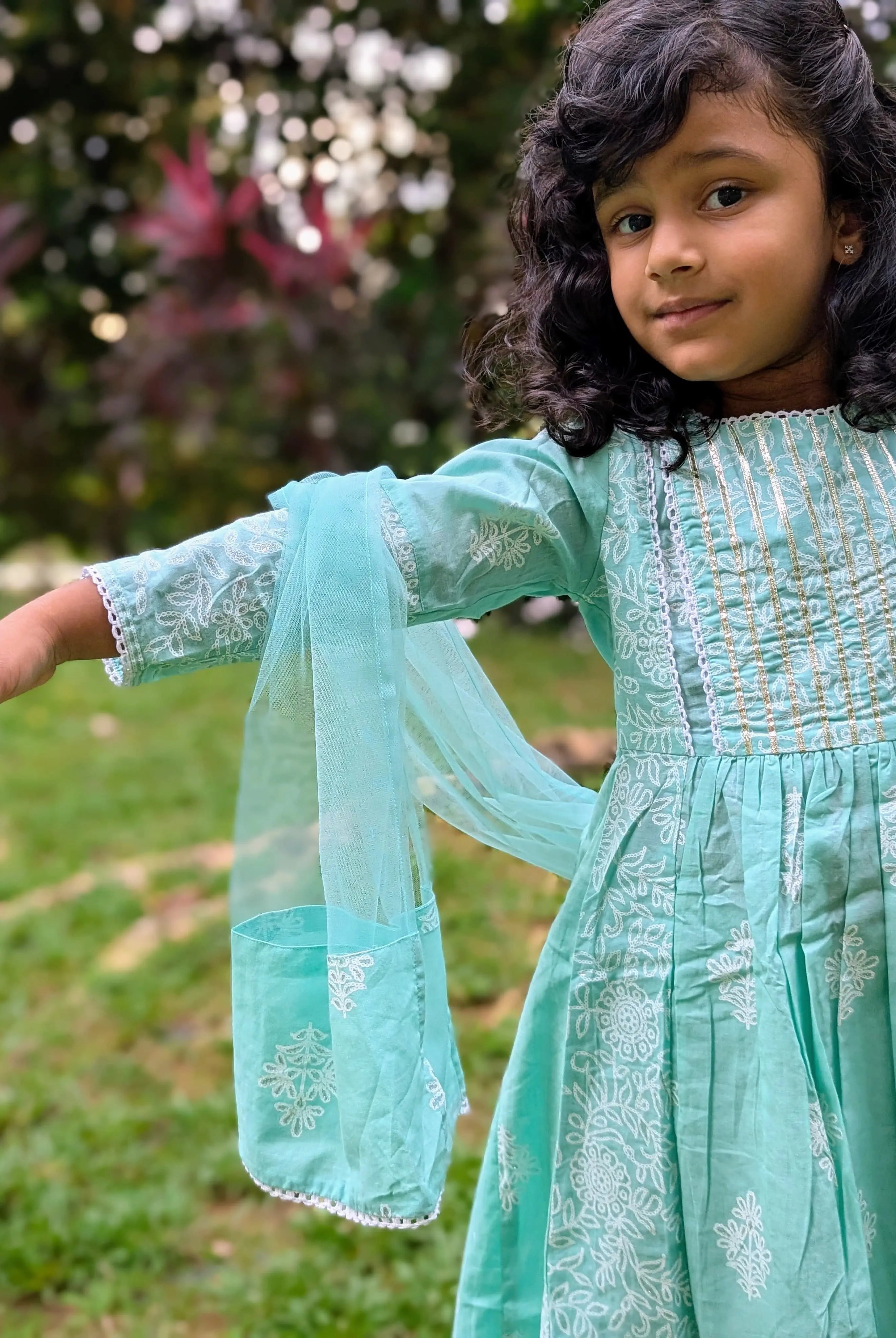 Zara Anarkali Kurti in Mint Green & White Shimmer Khari Print with Soft Cotton Leggings Nimbu