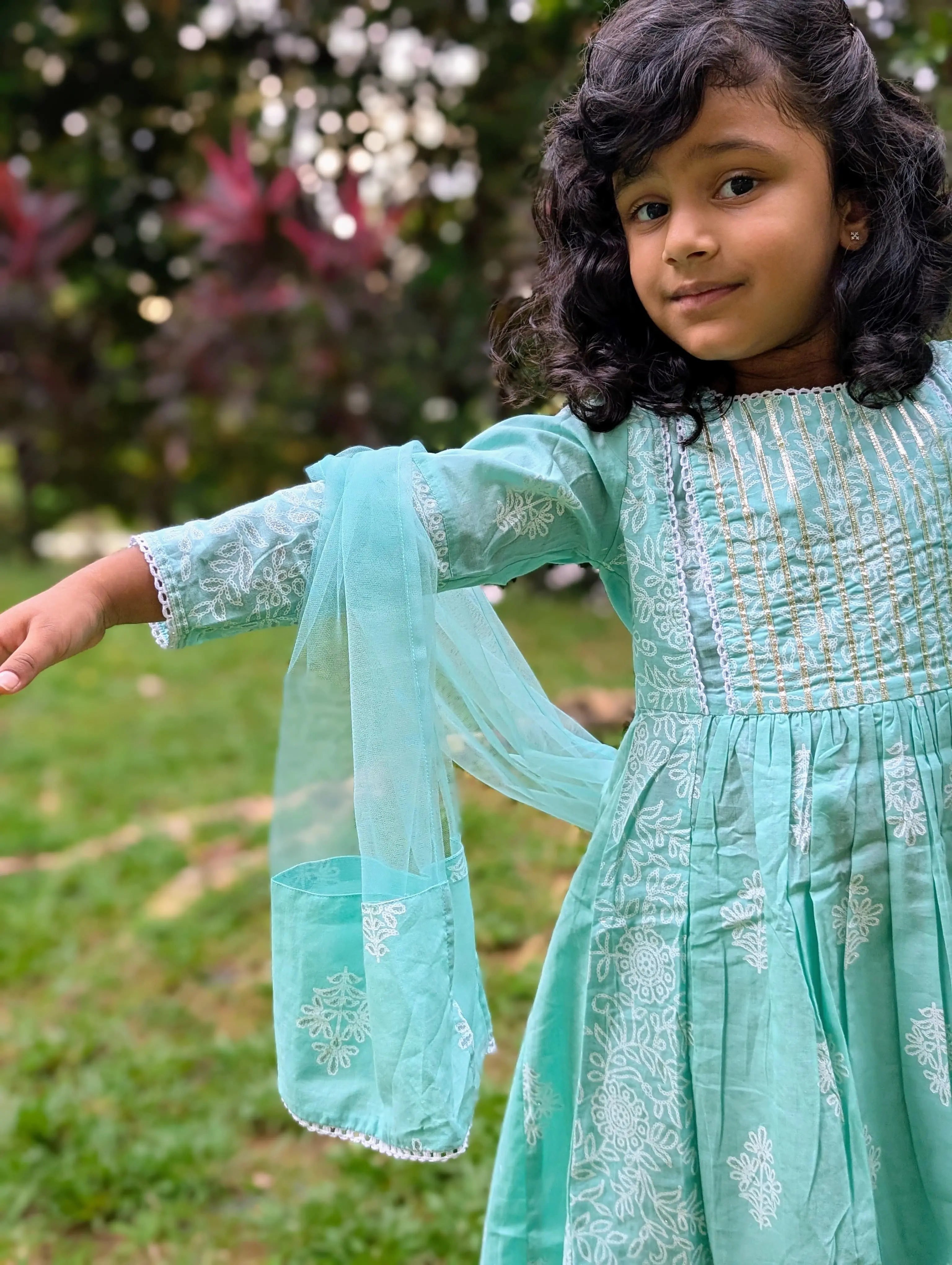 Zara Anarkali Kurti in Mint Green & White Shimmer Khari Print with Soft Cotton Leggings Nimbu