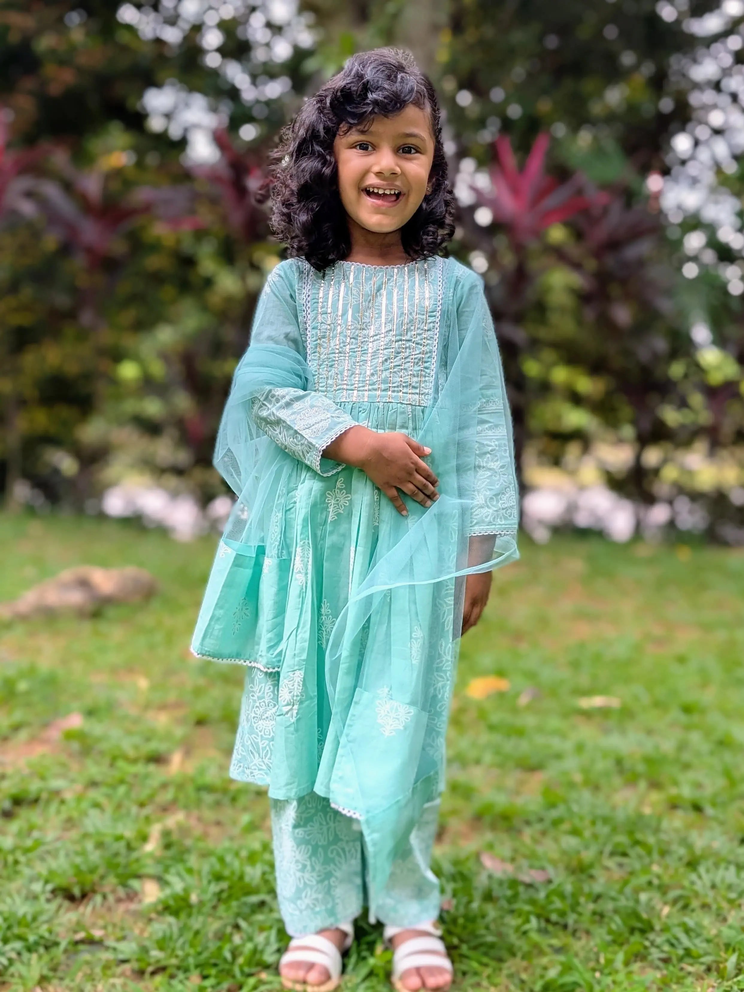 Zara Anarkali Kurti in Mint Green & White Shimmer Khari Print with Soft Cotton Leggings Nimbu