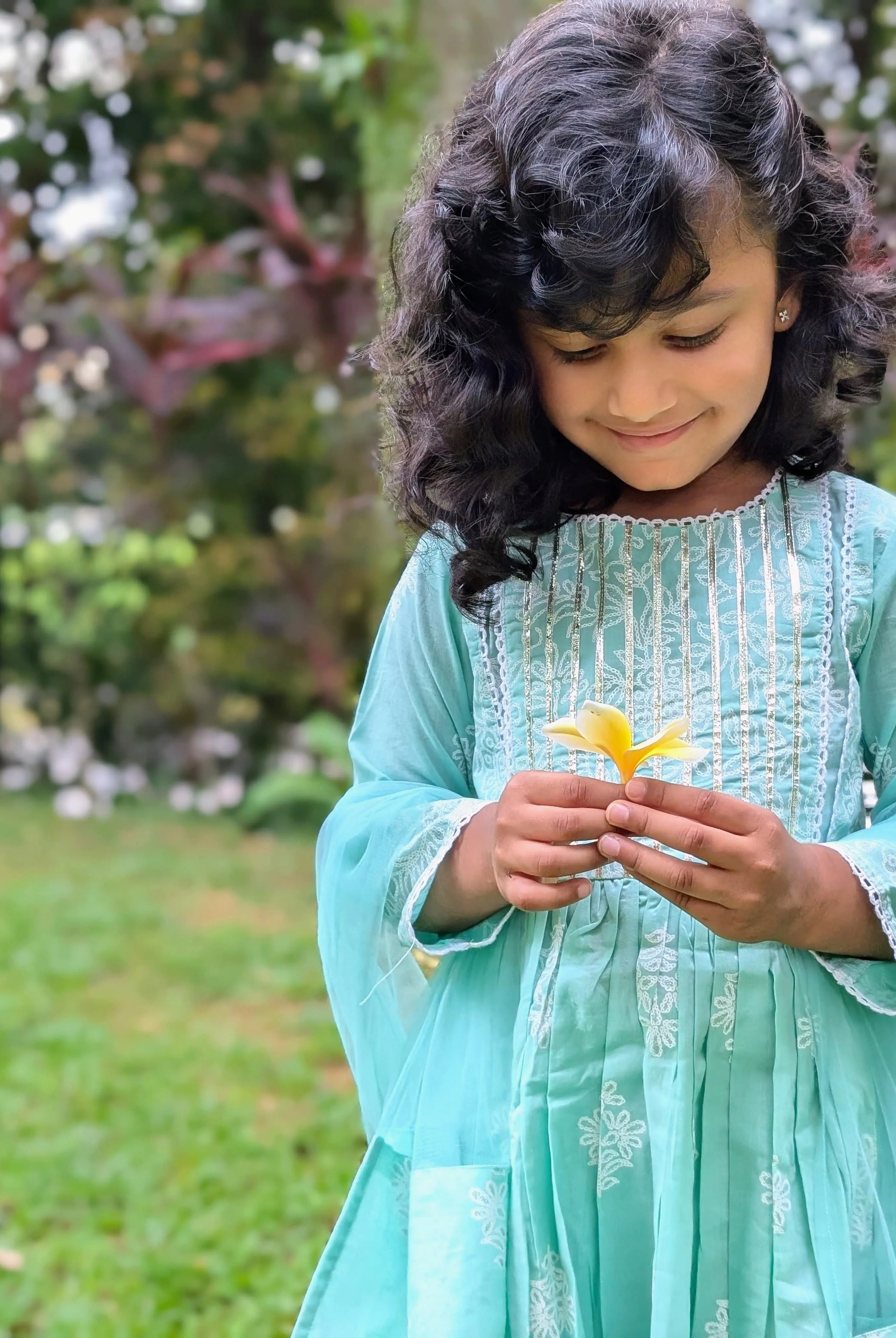 Zara Anarkali Kurti in Mint Green & White Shimmer Khari Print with Soft Cotton Leggings Nimbu