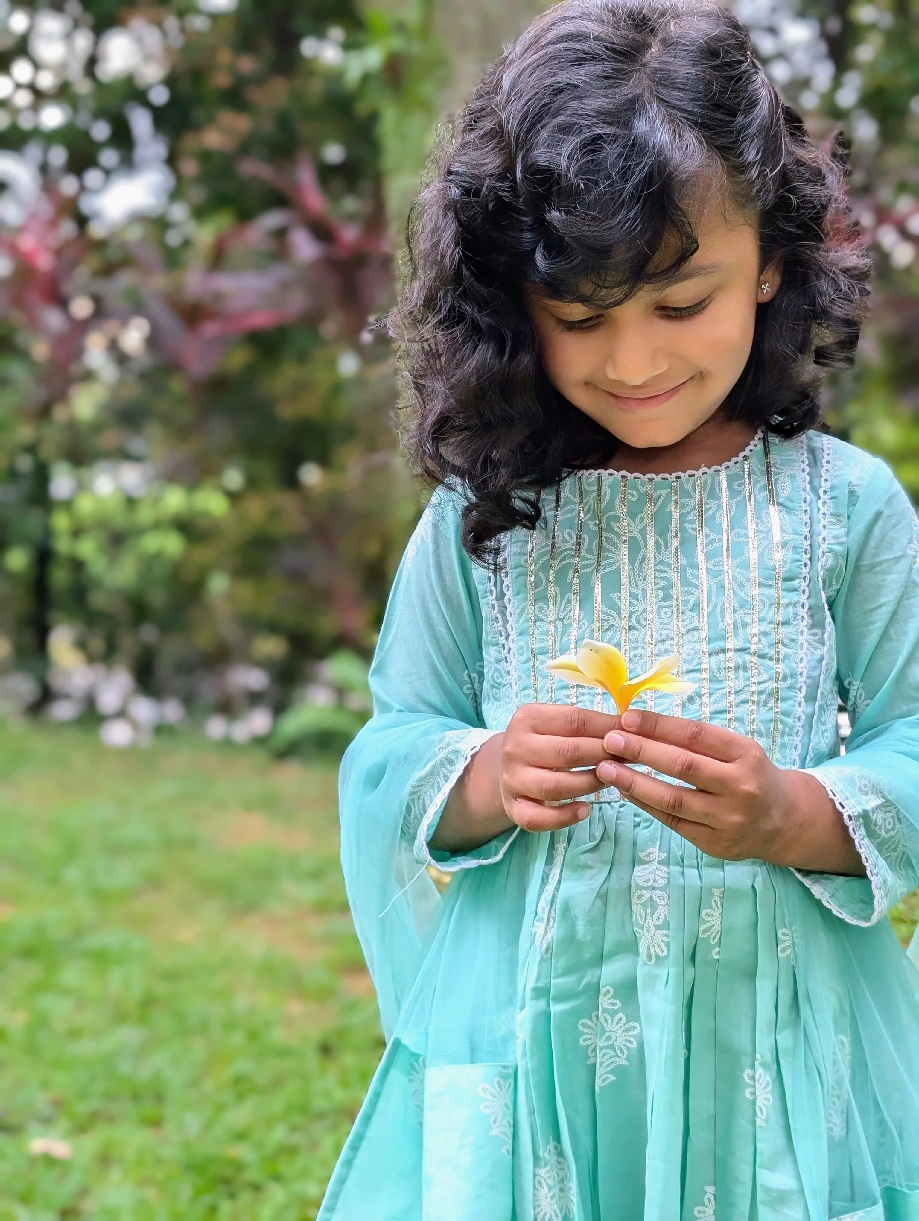 Zara Anarkali Kurti in Mint Green & White Shimmer Khari Print with Soft Cotton Leggings Nimbu
