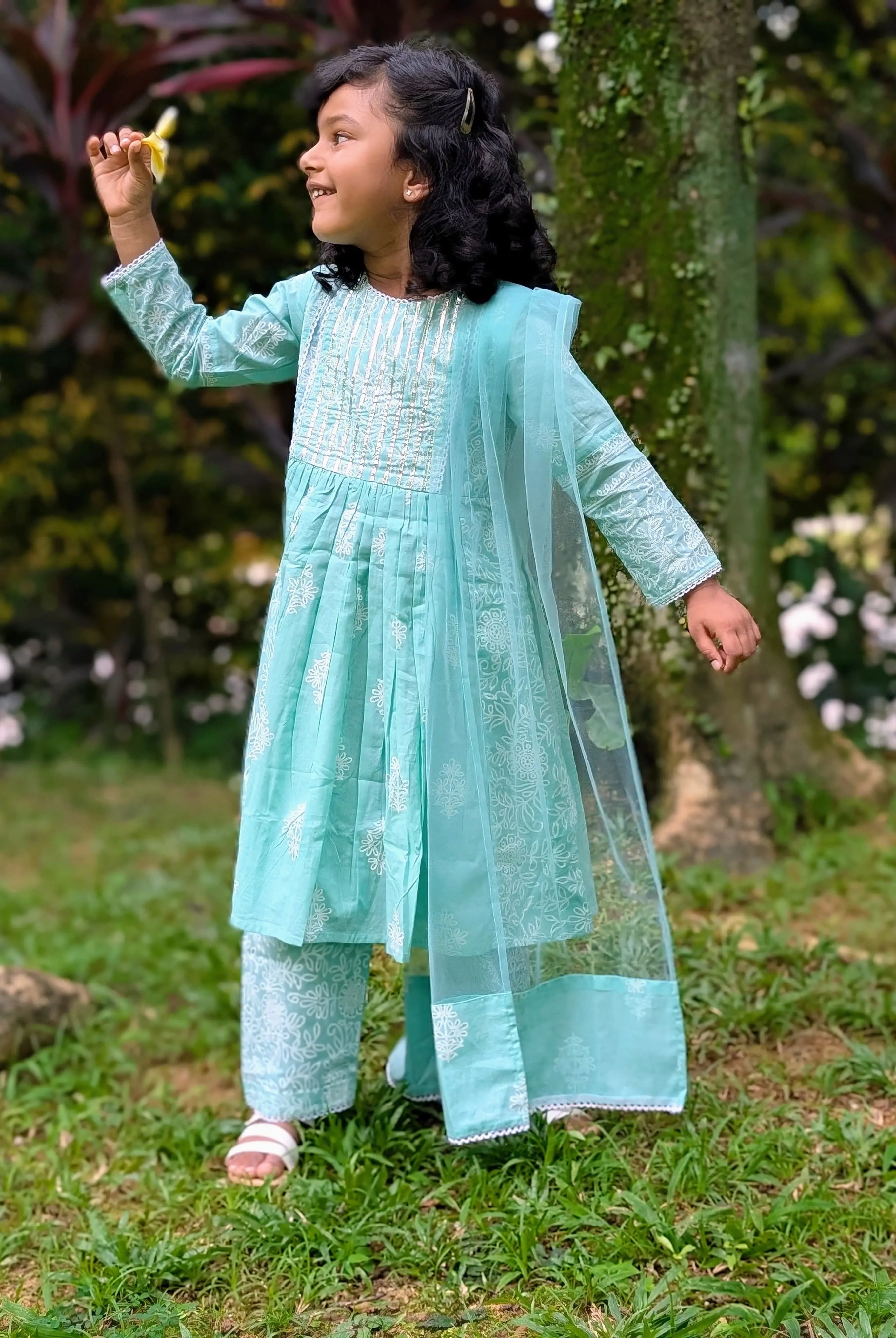 Zara Anarkali Kurti in Mint Green & White Shimmer Khari Print with Soft Cotton Leggings Nimbu