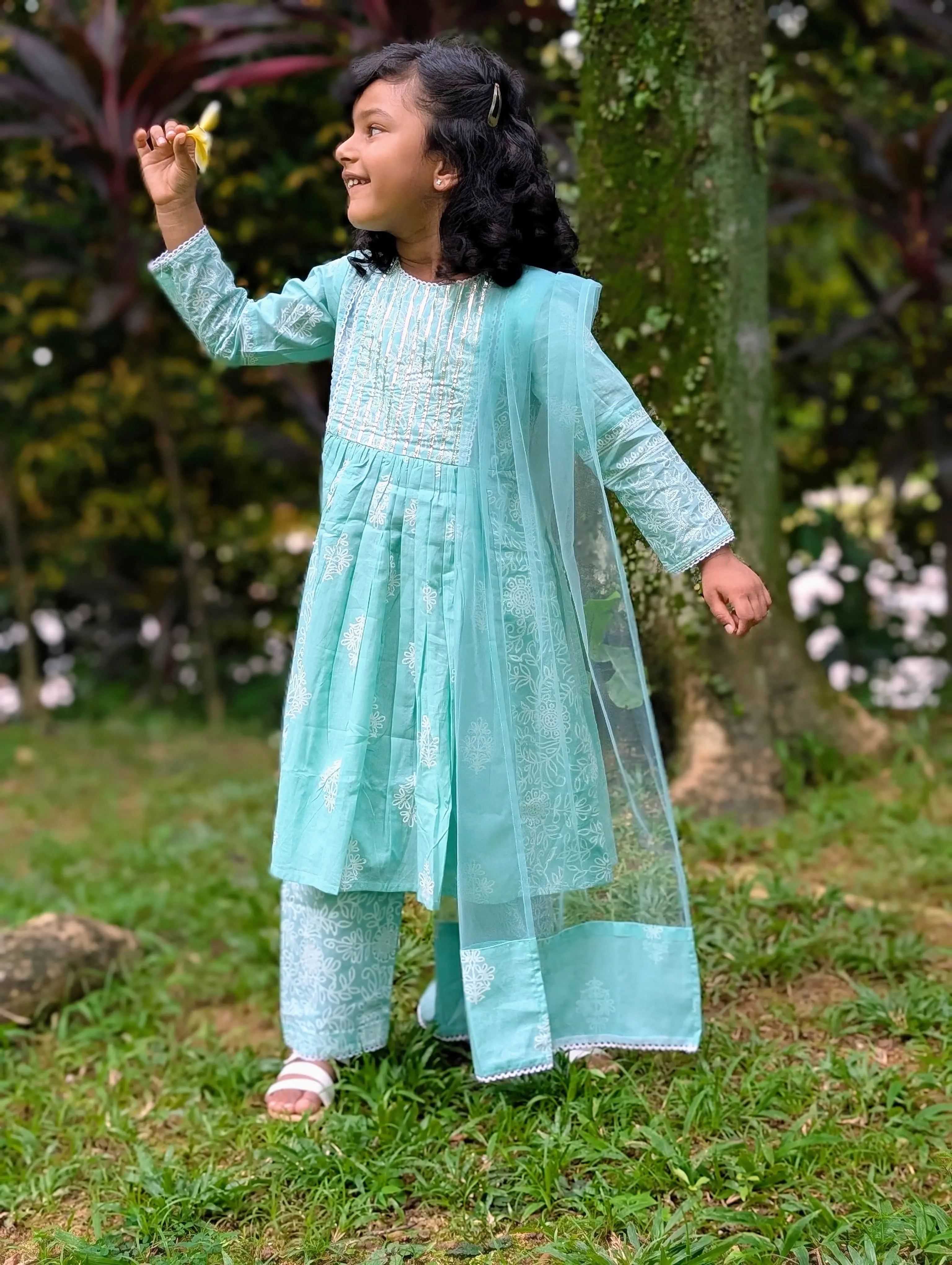 Zara Anarkali Kurti in Mint Green & White Shimmer Khari Print with Soft Cotton Leggings Nimbu