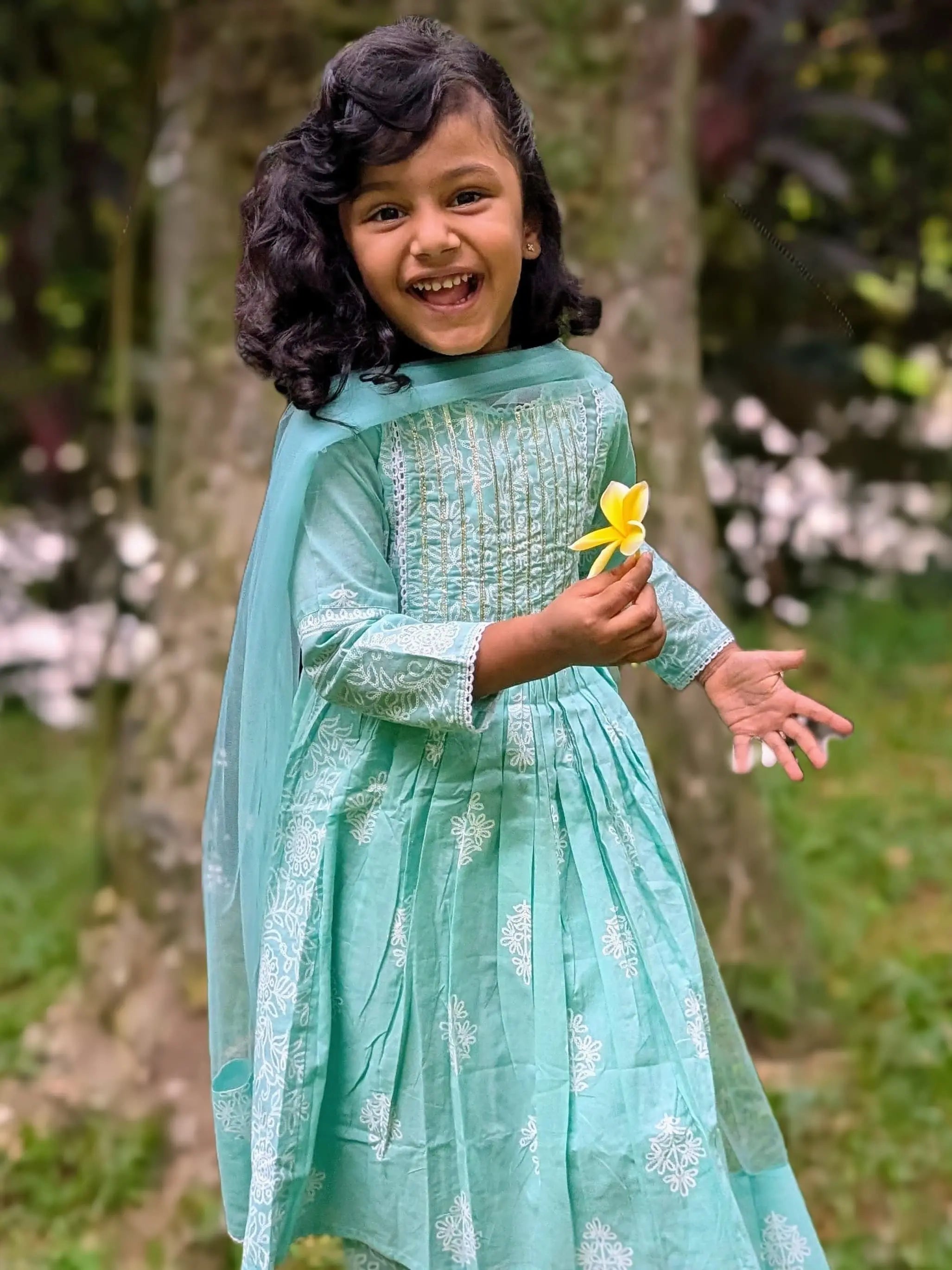 Zara Anarkali Kurti in Mint Green & White Shimmer Khari Print with Soft Cotton Leggings Nimbu