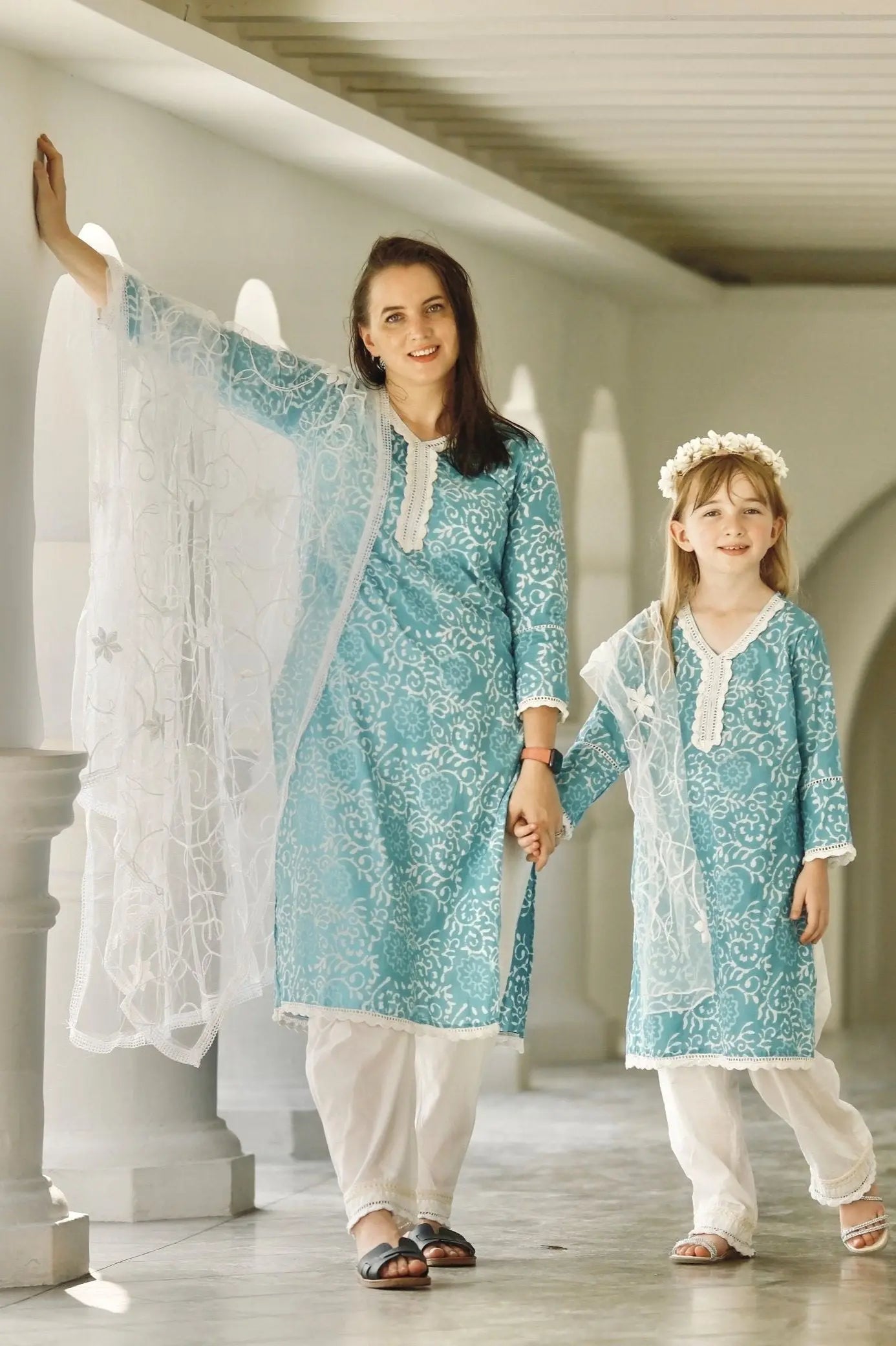 'Meher' Women's Blue Kurti, Pants with Lace Work and Embroidered White Net Dupatta Set Nimbu