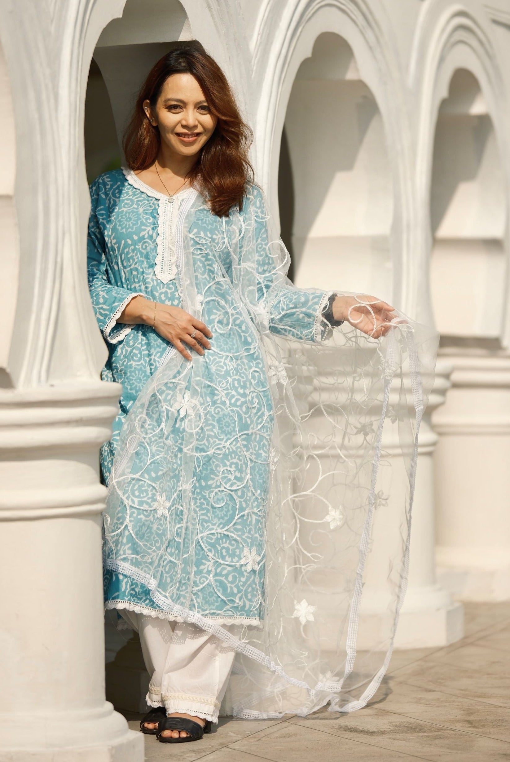 'Meher' Women's Blue Kurti, Pants with Lace Work and Embroidered White Net Dupatta Set