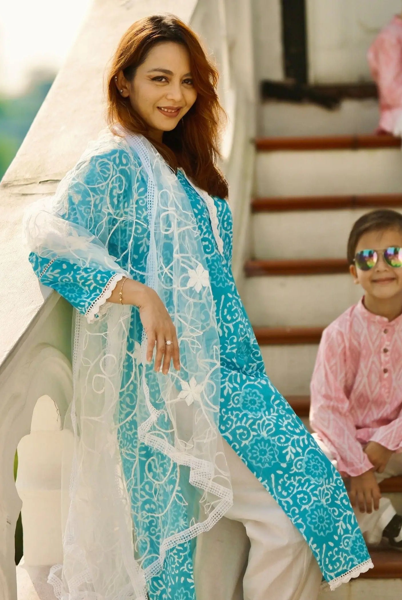 'Meher' Women's Blue Kurti, Pants with Lace Work and Embroidered White Net Dupatta Set Nimbu