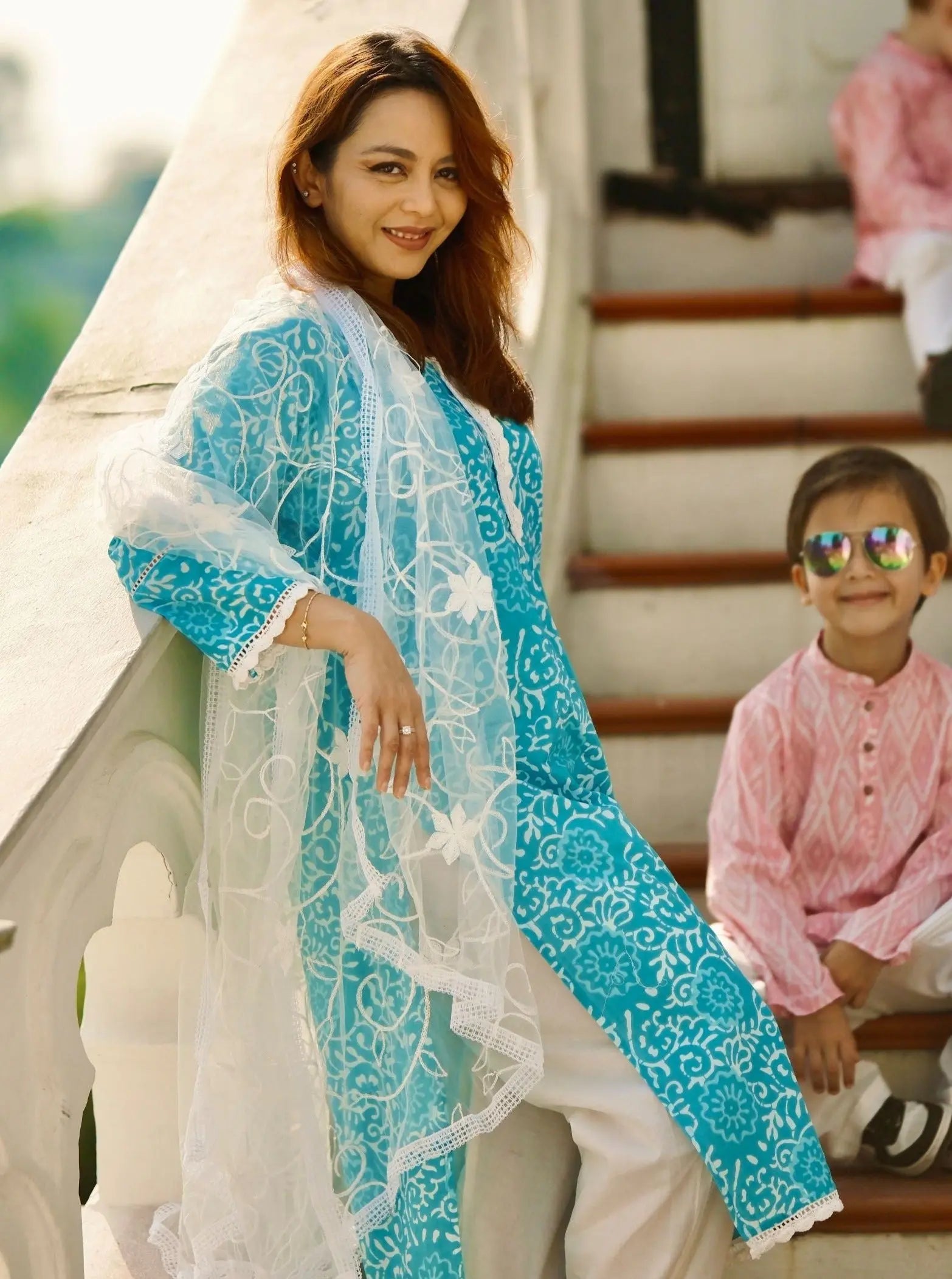 'Meher' Women's Blue Kurti, Pants with Lace Work and Embroidered White Net Dupatta Set Nimbu
