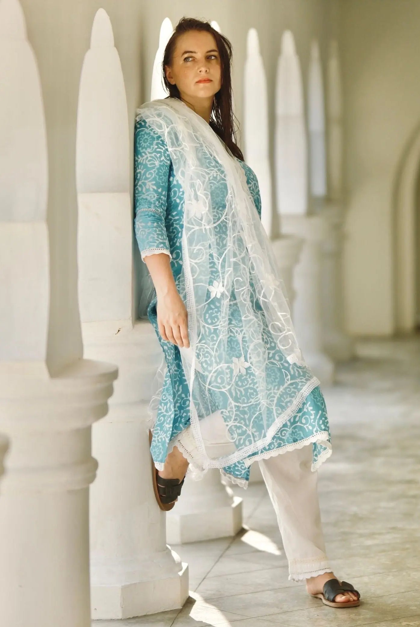 'Meher' Women's Blue Kurti, Pants with Lace Work and Embroidered White Net Dupatta Set Nimbu