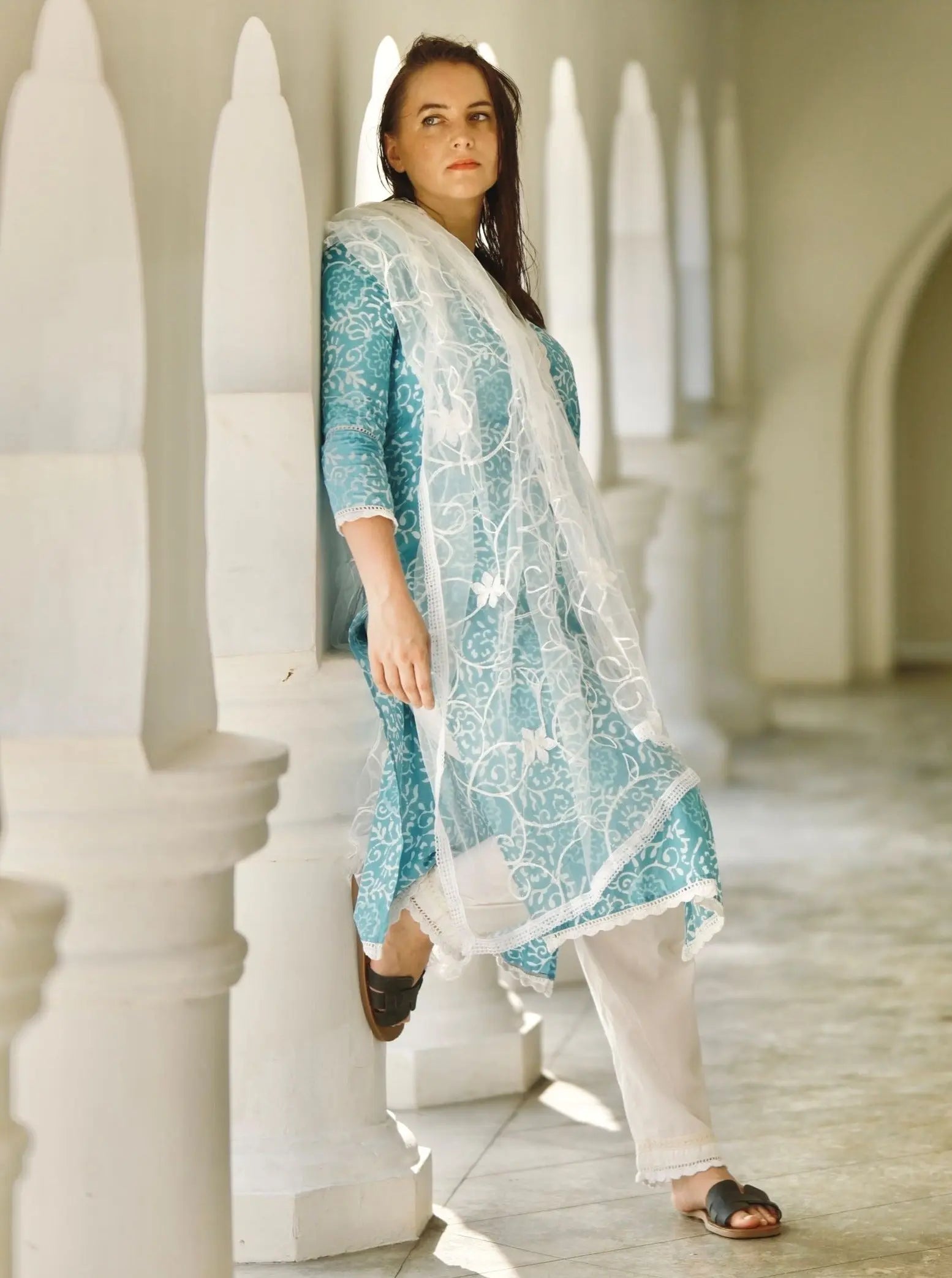 'Meher' Women's Blue Kurti, Pants with Lace Work and Embroidered White Net Dupatta Set Nimbu
