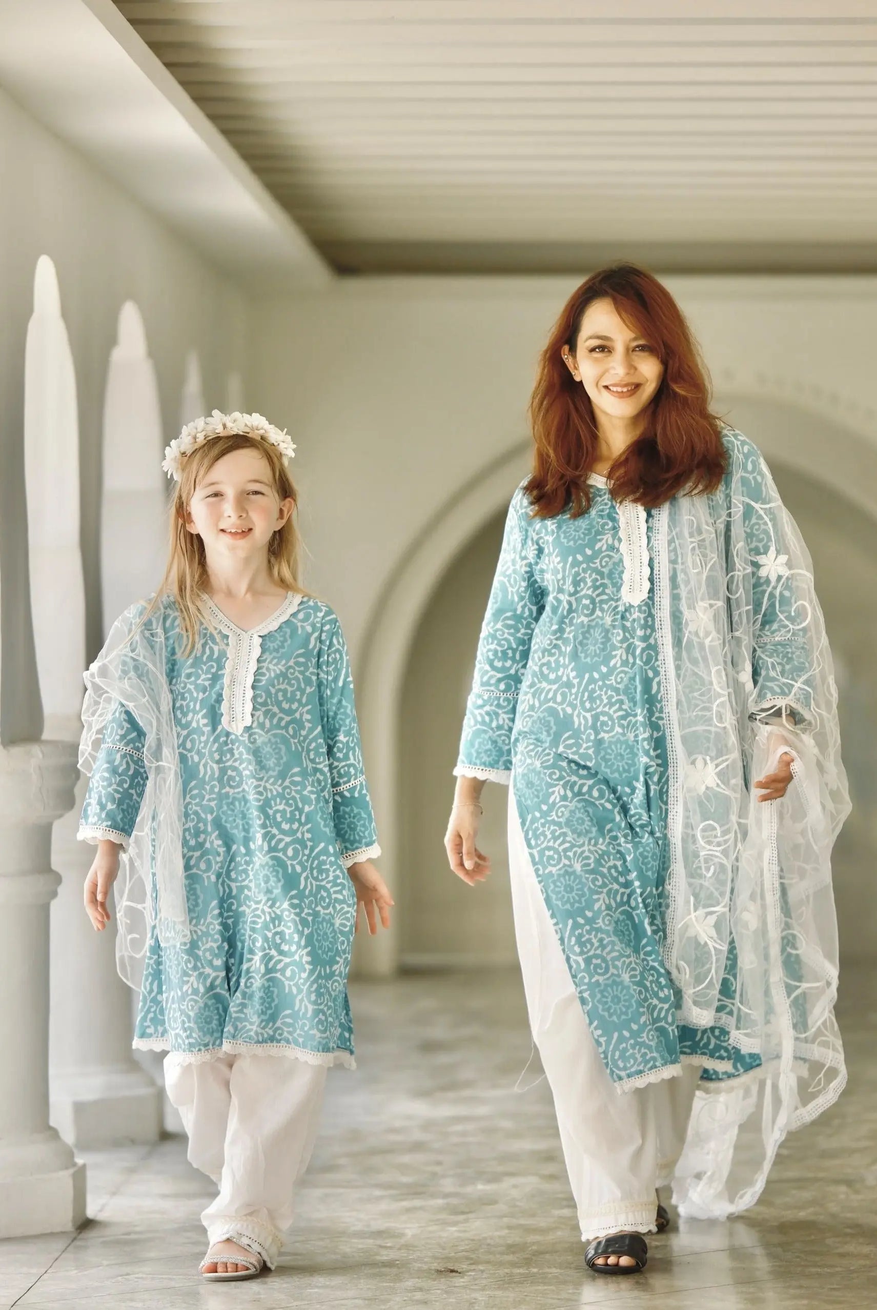 'Meher' Women's Blue Kurti, Pants with Lace Work and Embroidered White Net Dupatta Set Nimbu