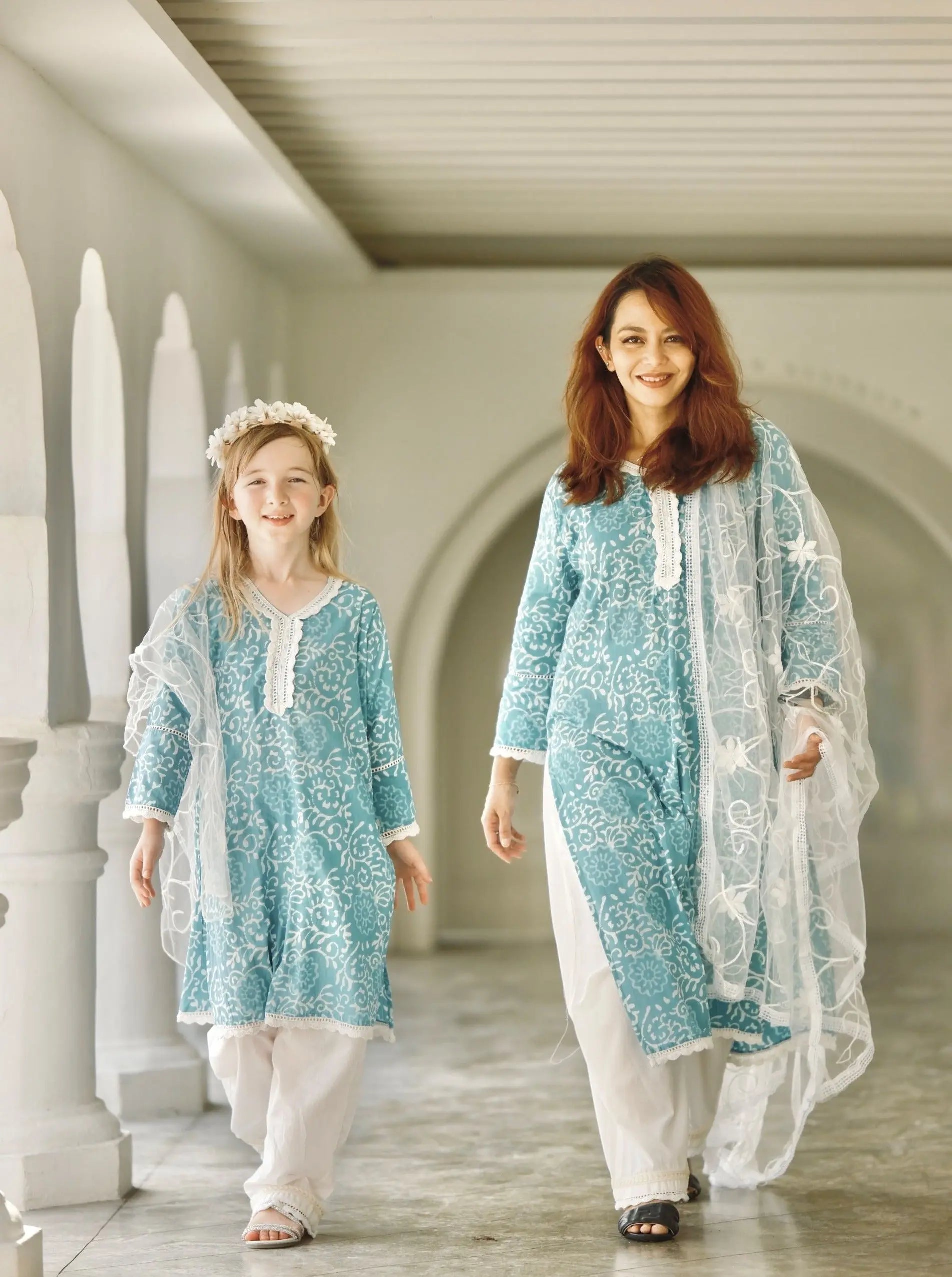 'Meher' Women's Blue Kurti, Pants with Lace Work and Embroidered White Net Dupatta Set Nimbu