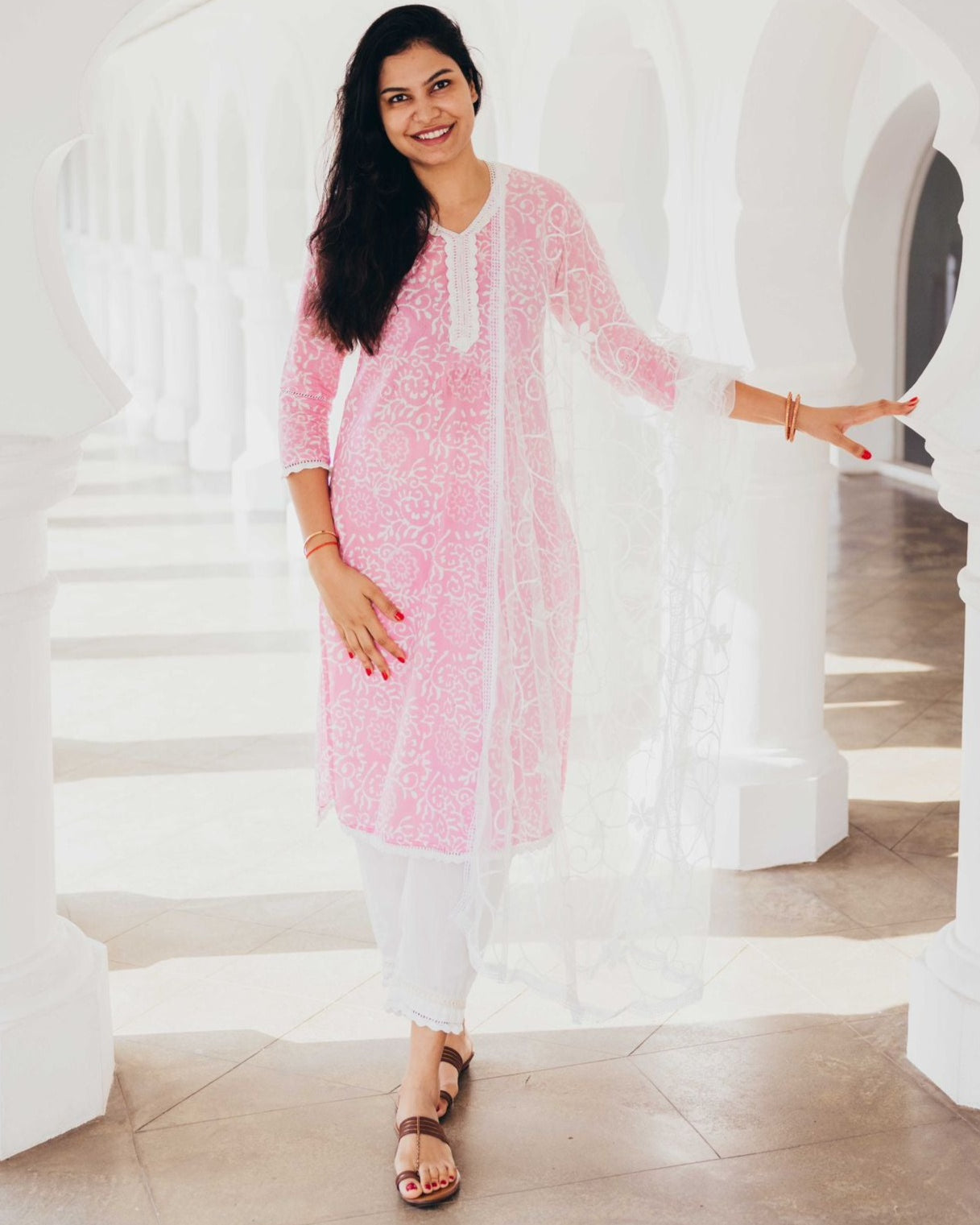 'Meher' Women's Pink Kurti, Pants with Lace Work and Embroidered White Net Dupatta Set
