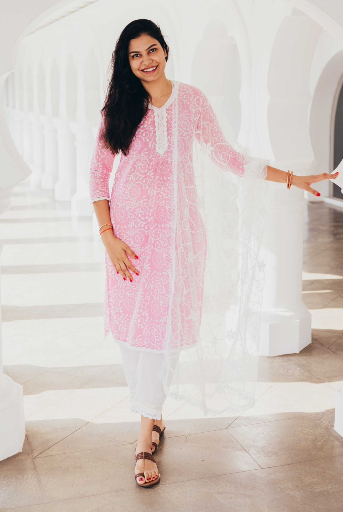 'Meher' Women's Pink Kurti, Pants with Lace Work and Embroidered White Net Dupatta Set